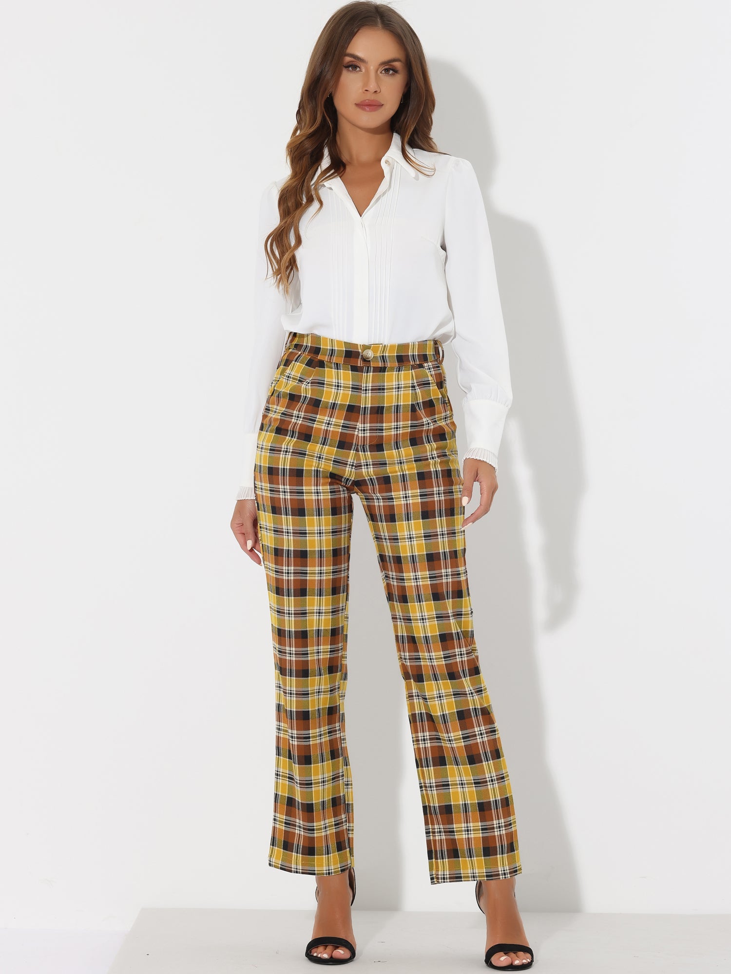 Plaid Elastic Waist Casual Work Office Long Pants