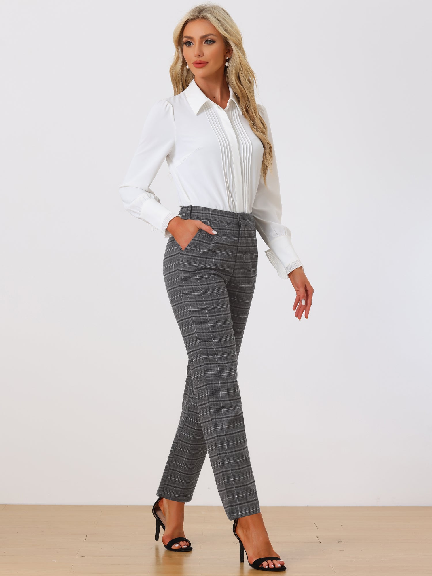 Plaid Elastic Waist Casual Work Office Long Pants