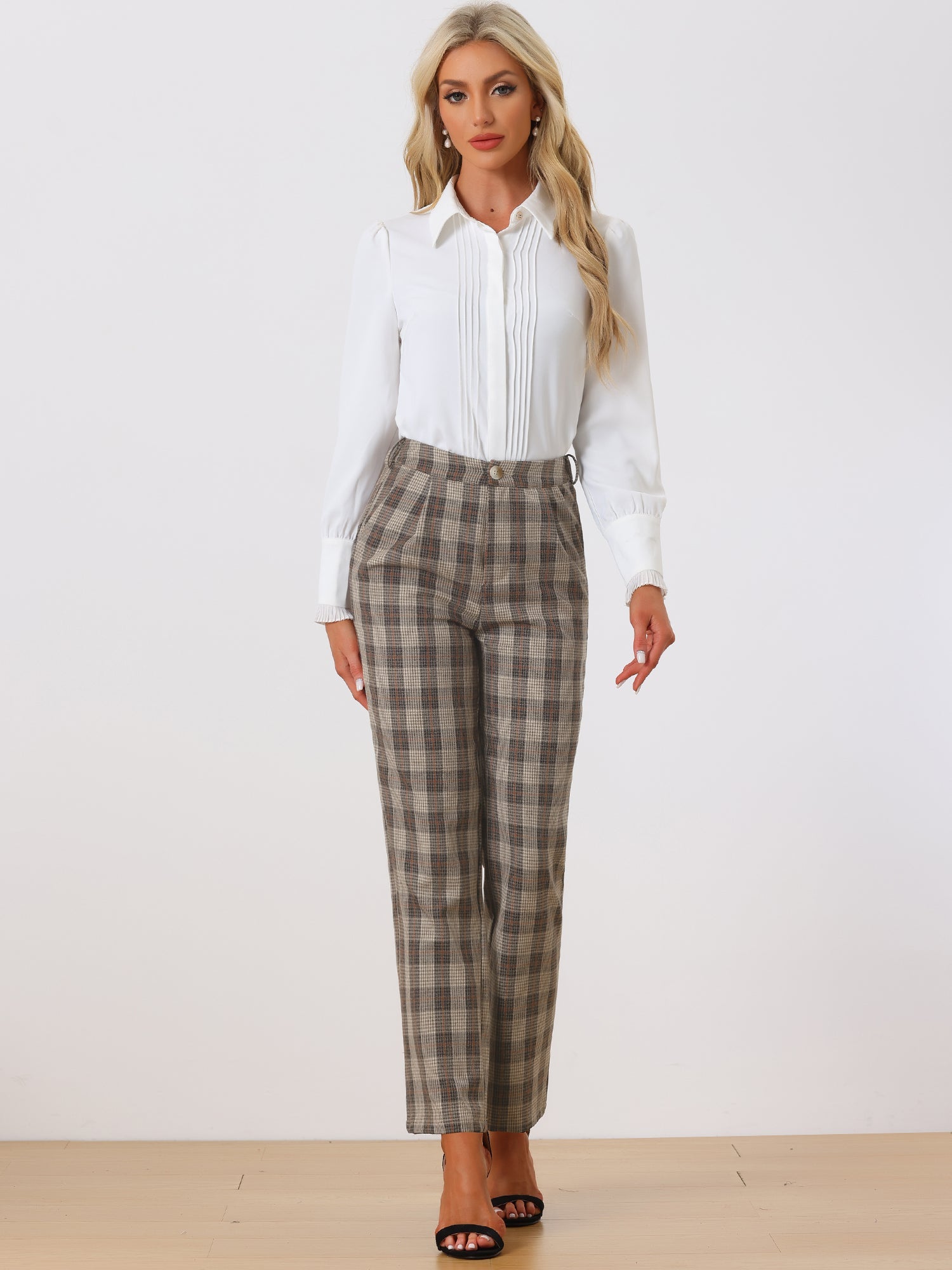 Plaid Elastic Waist Casual Work Office Long Pants