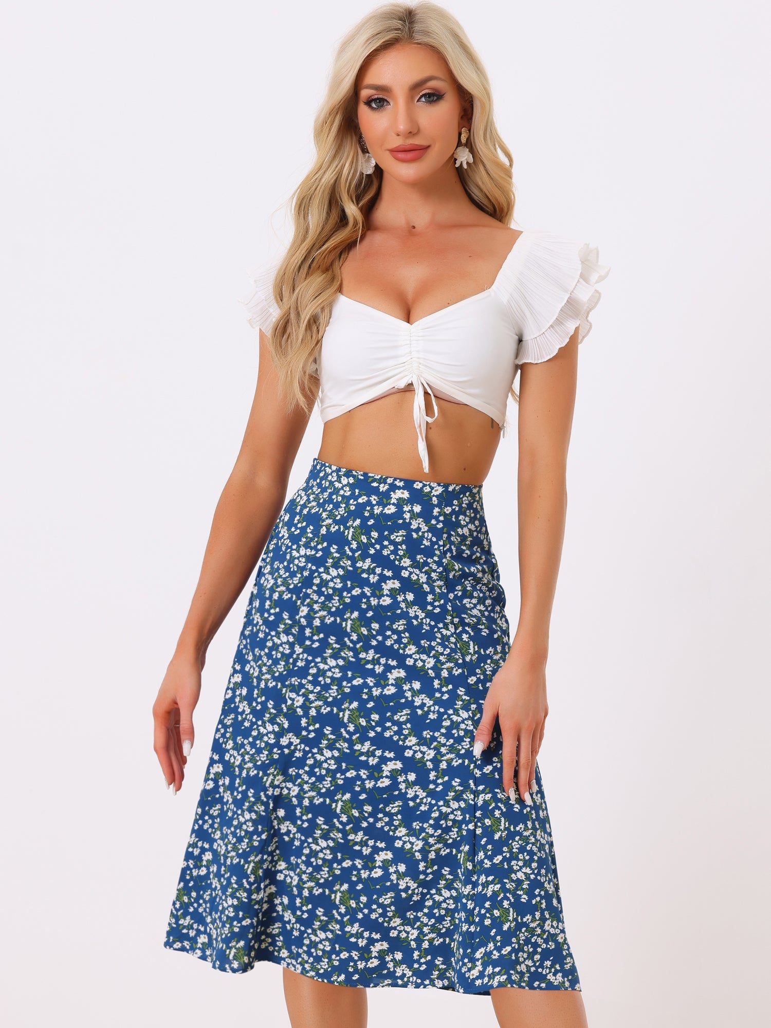 Floral Peasant Elastic Waist A-Line Ditsy Leave Midi Skirt
