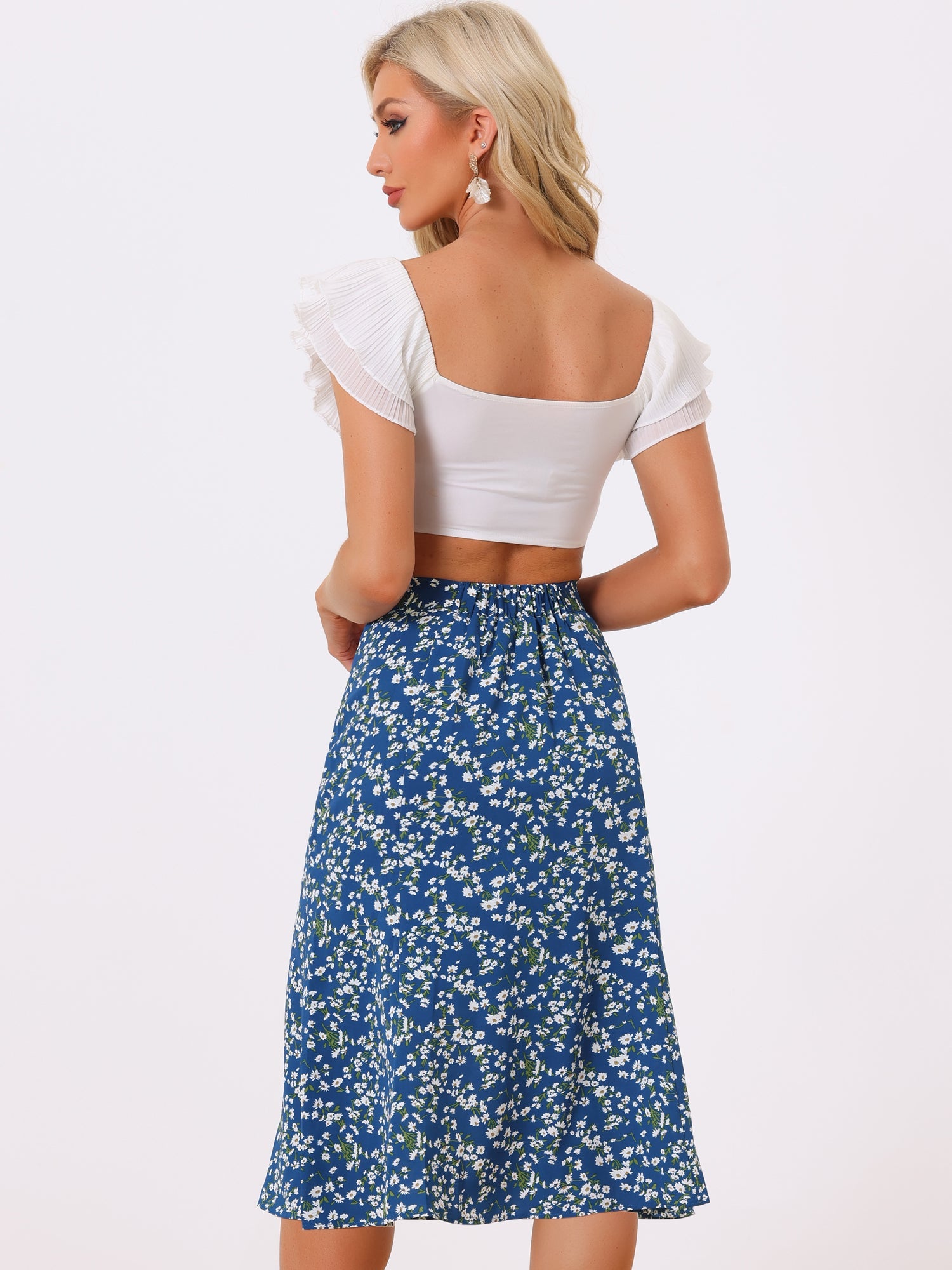 Floral Peasant Elastic Waist A-Line Ditsy Leave Midi Skirt