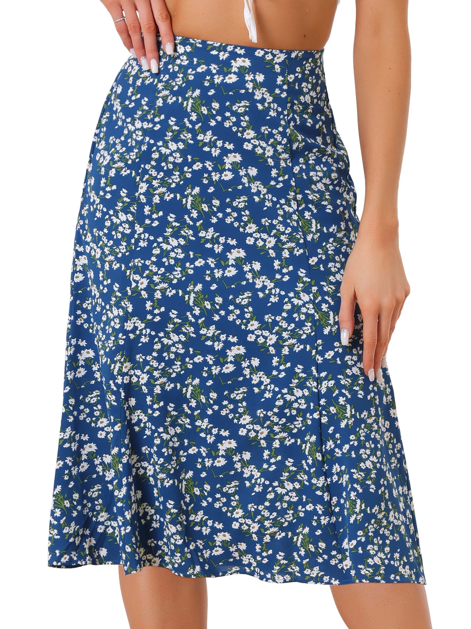 Floral Peasant Elastic Waist A-Line Ditsy Leave Midi Skirt