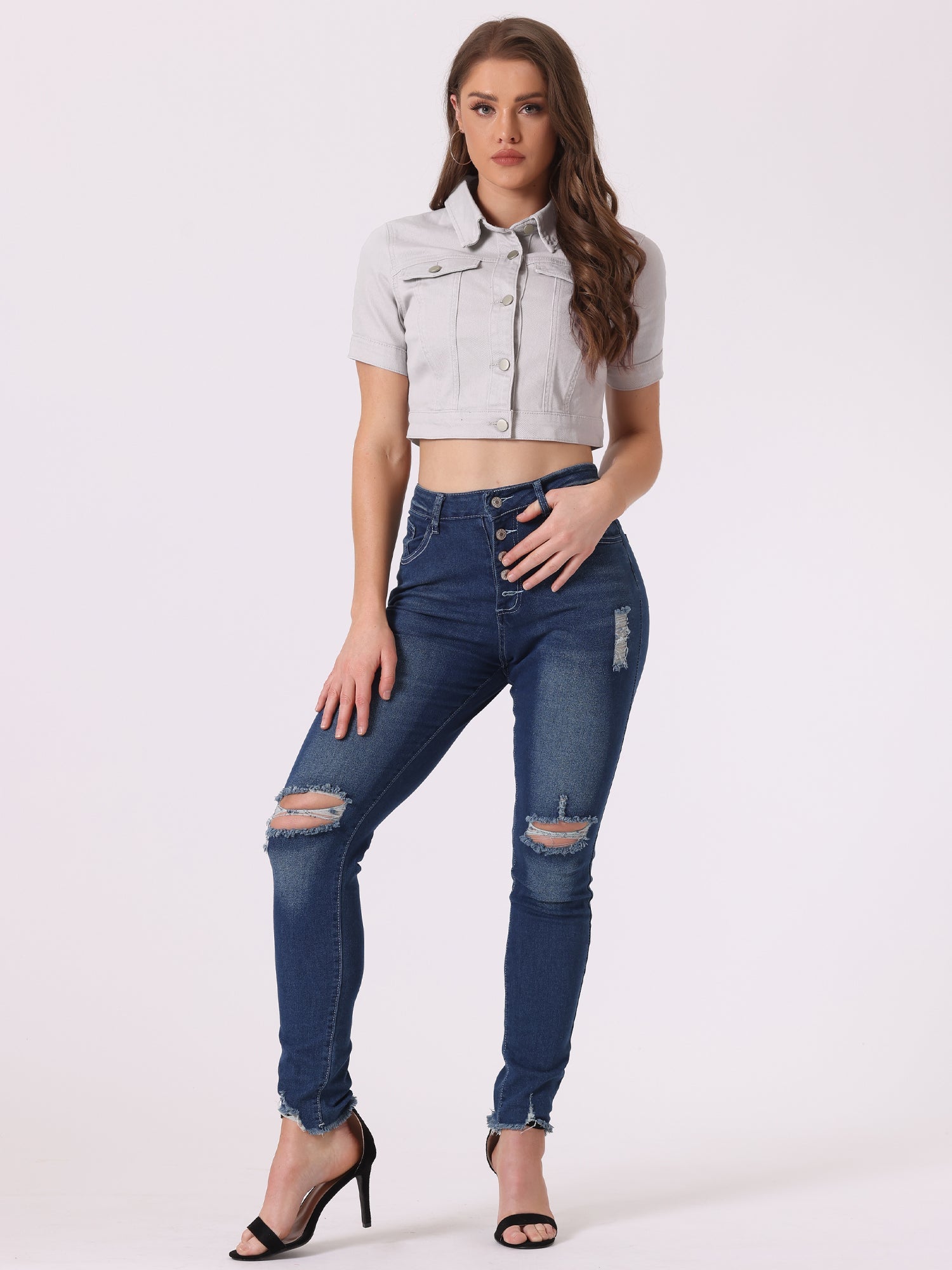 Casual Lapel Short Sleeve Crop Top Jean Denim Jacket