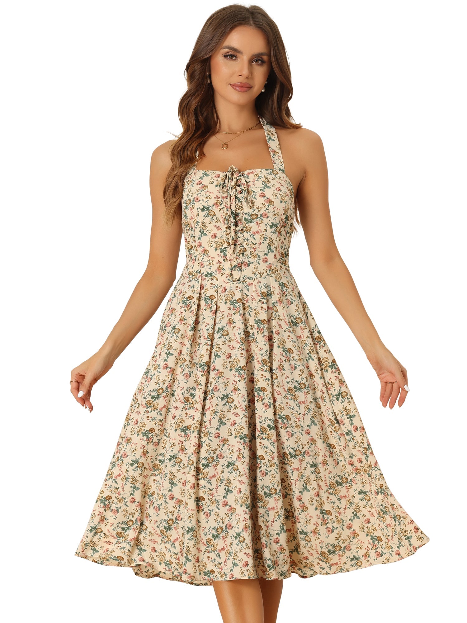 Halter Neck Floral Summer Sundress Sleeveless Lace Up Midi Dress