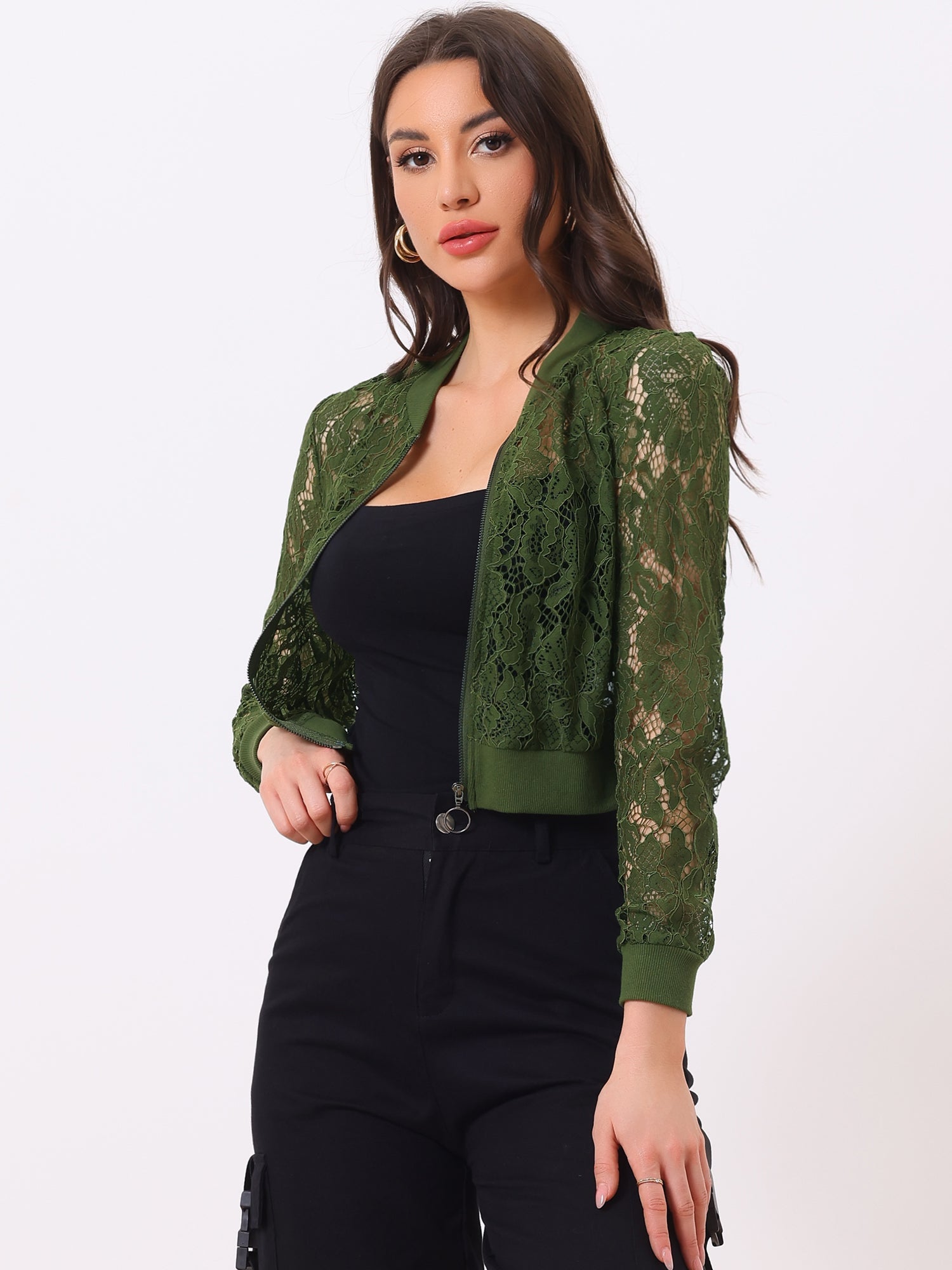 Stand Collar Zip Up Mesh Sheer Lace Crop Bomber Jacket