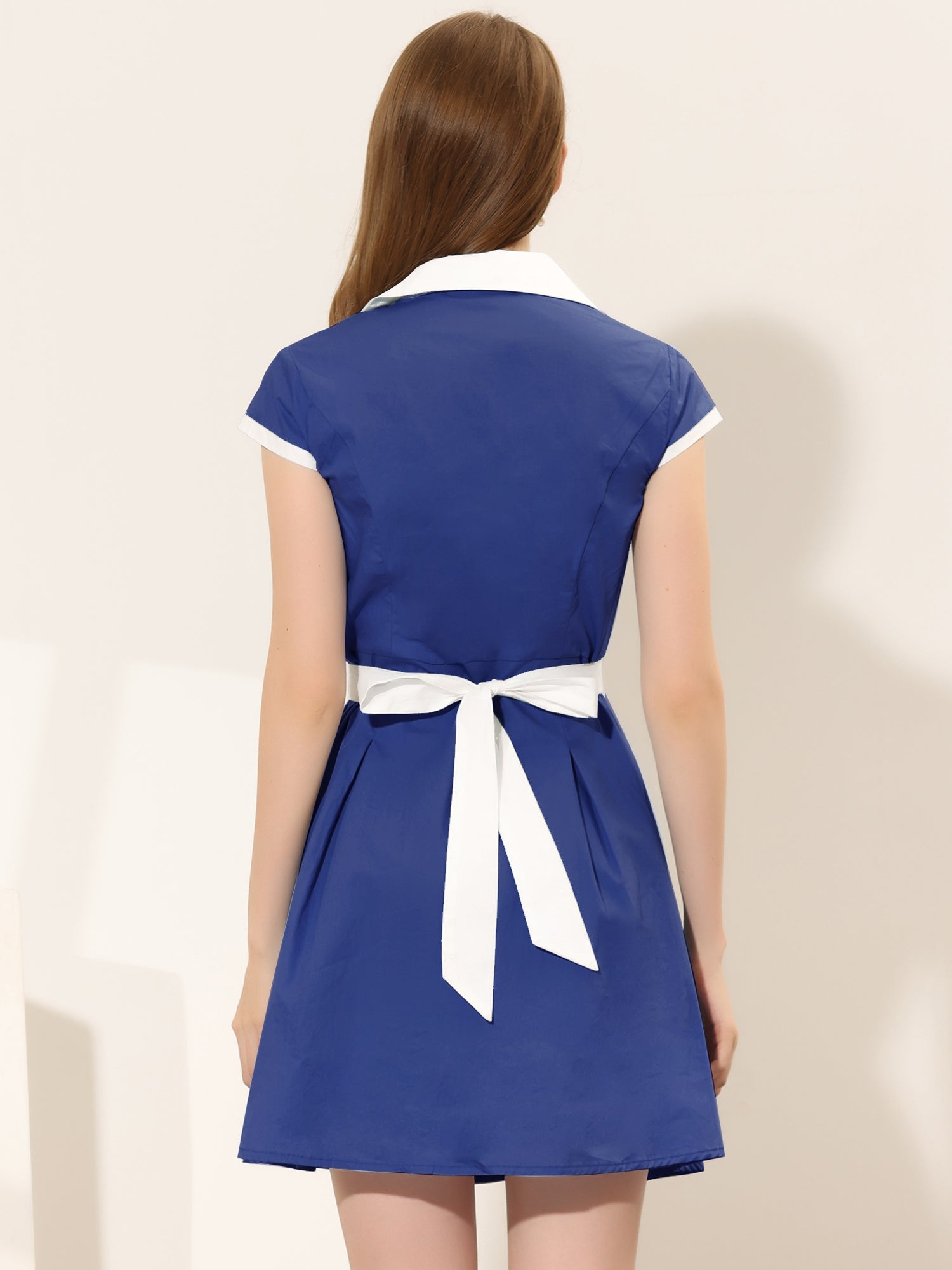 Retro Button Down Flat Collar Belted Office Mini Shirt Dress
