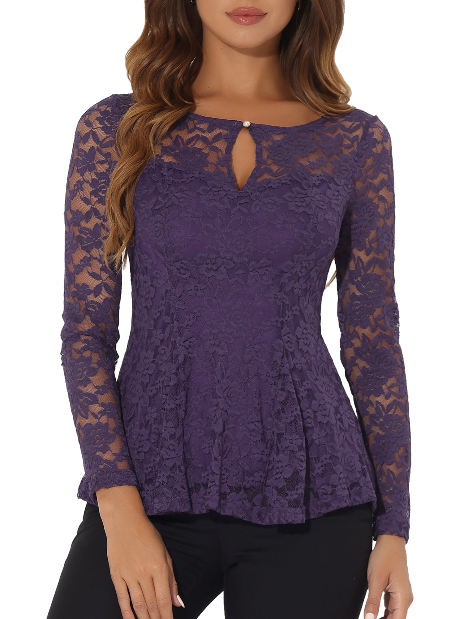 Lace Tops Keyhole Front Peplum Hem Sheer Long Sleeve Blouse