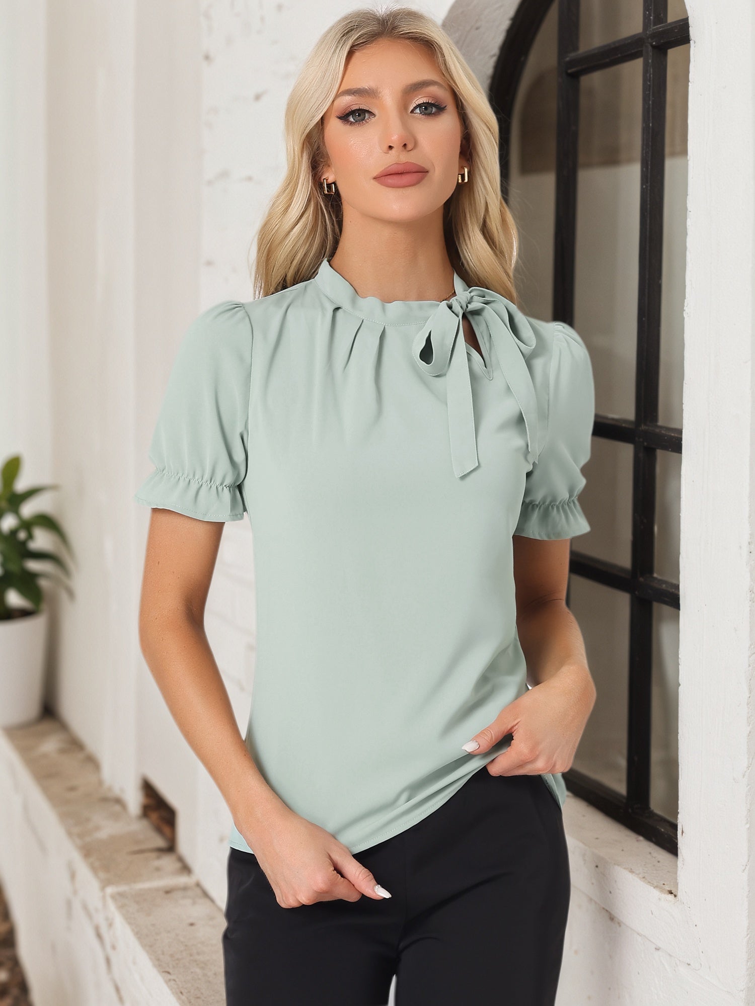 Bow Tie Neck Tops Elegant Office Short Sleeve Blouse