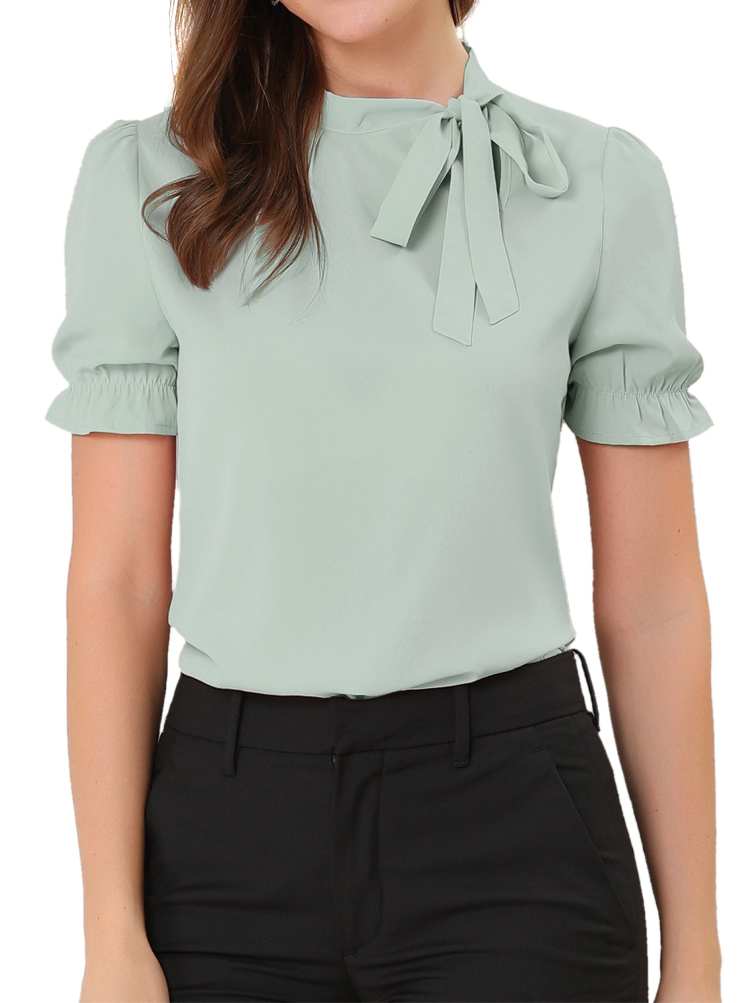 Bow Tie Neck Tops Elegant Office Short Sleeve Blouse
