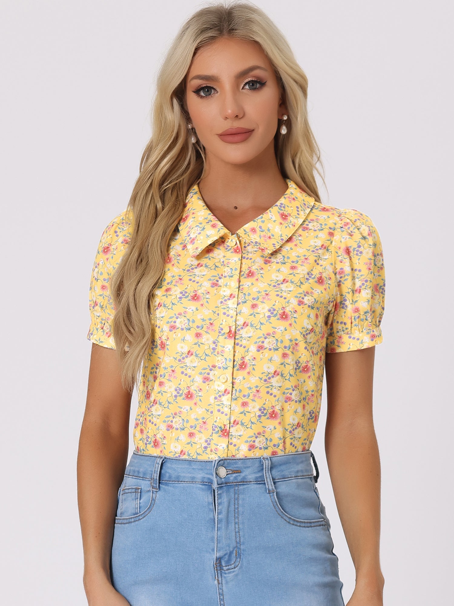 Puff Sleeve Shirt Point Collar Top Button Down Floral Blouse