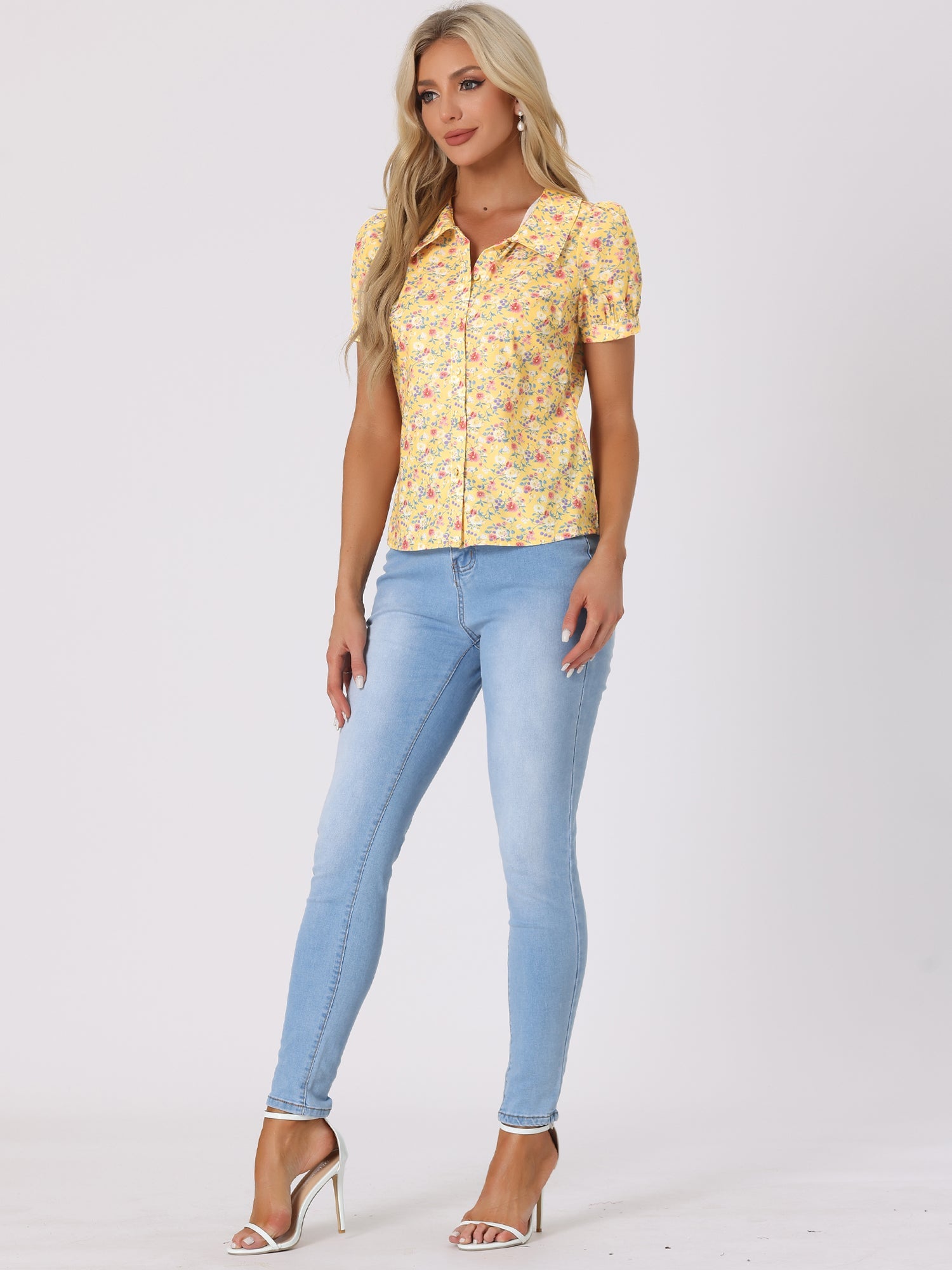 Puff Sleeve Shirt Point Collar Top Button Down Floral Blouse