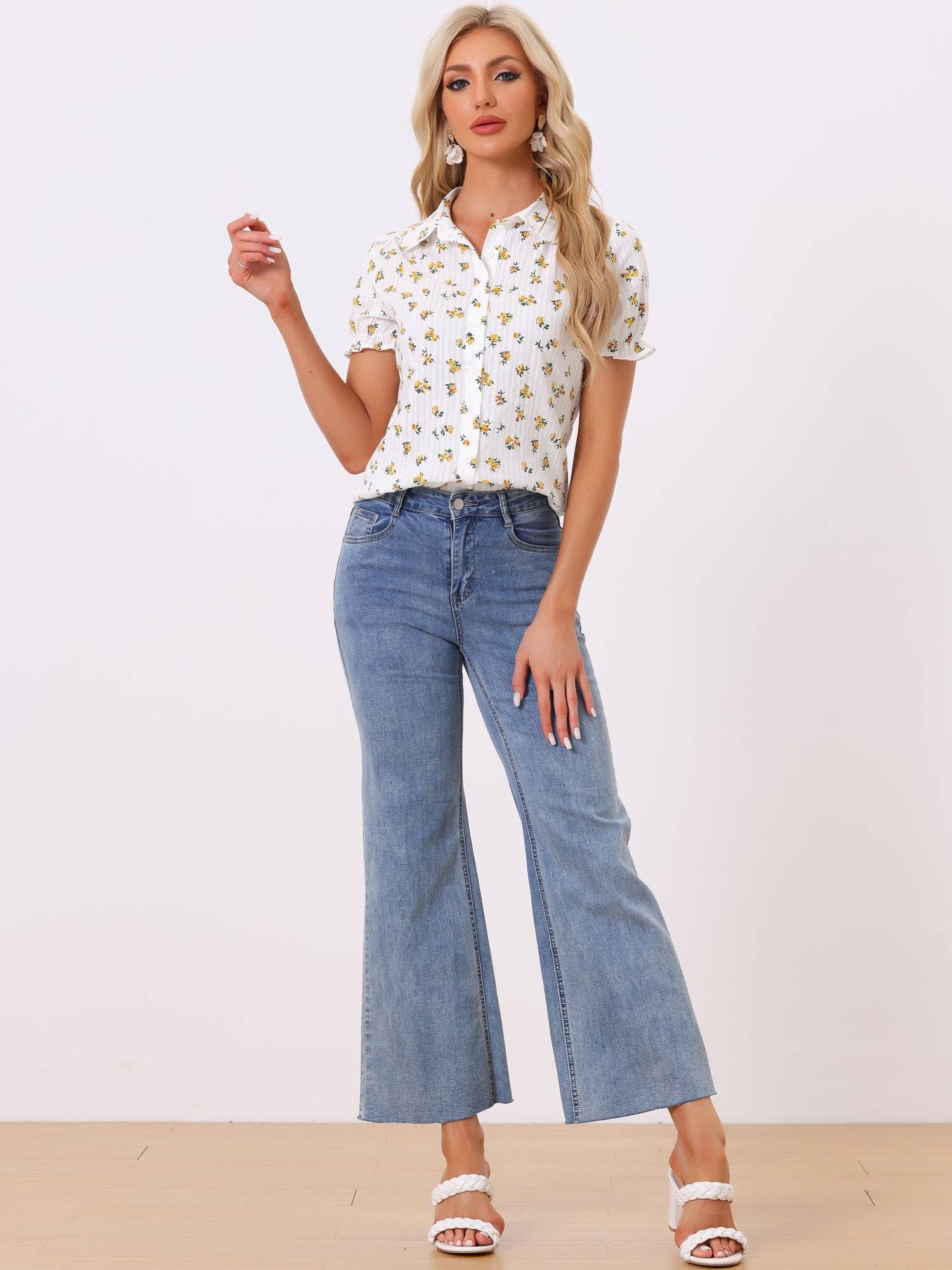 Floral Printed Peter Pan Collar Cotton Short Sleeve Shirt