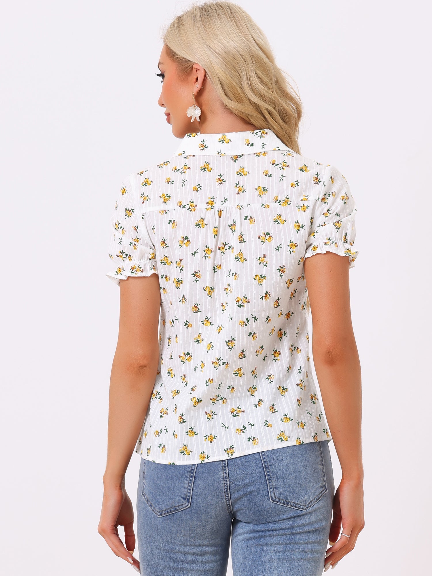 Floral Printed Peter Pan Collar Cotton Short Sleeve Shirt
