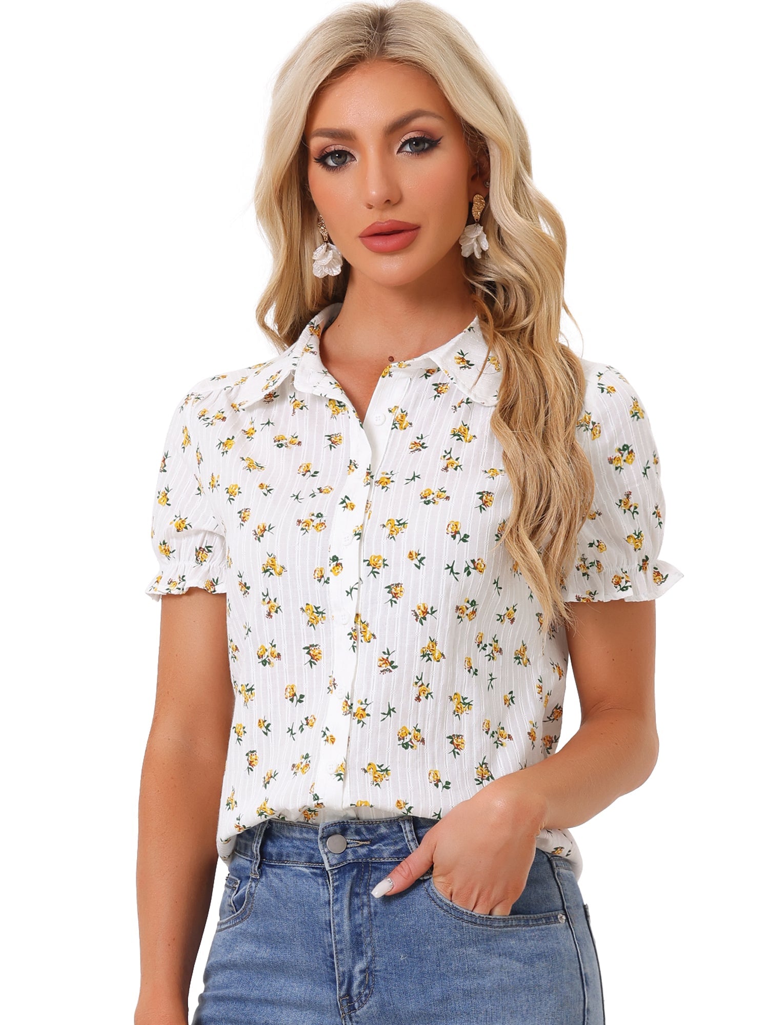 Floral Printed Peter Pan Collar Cotton Short Sleeve Shirt