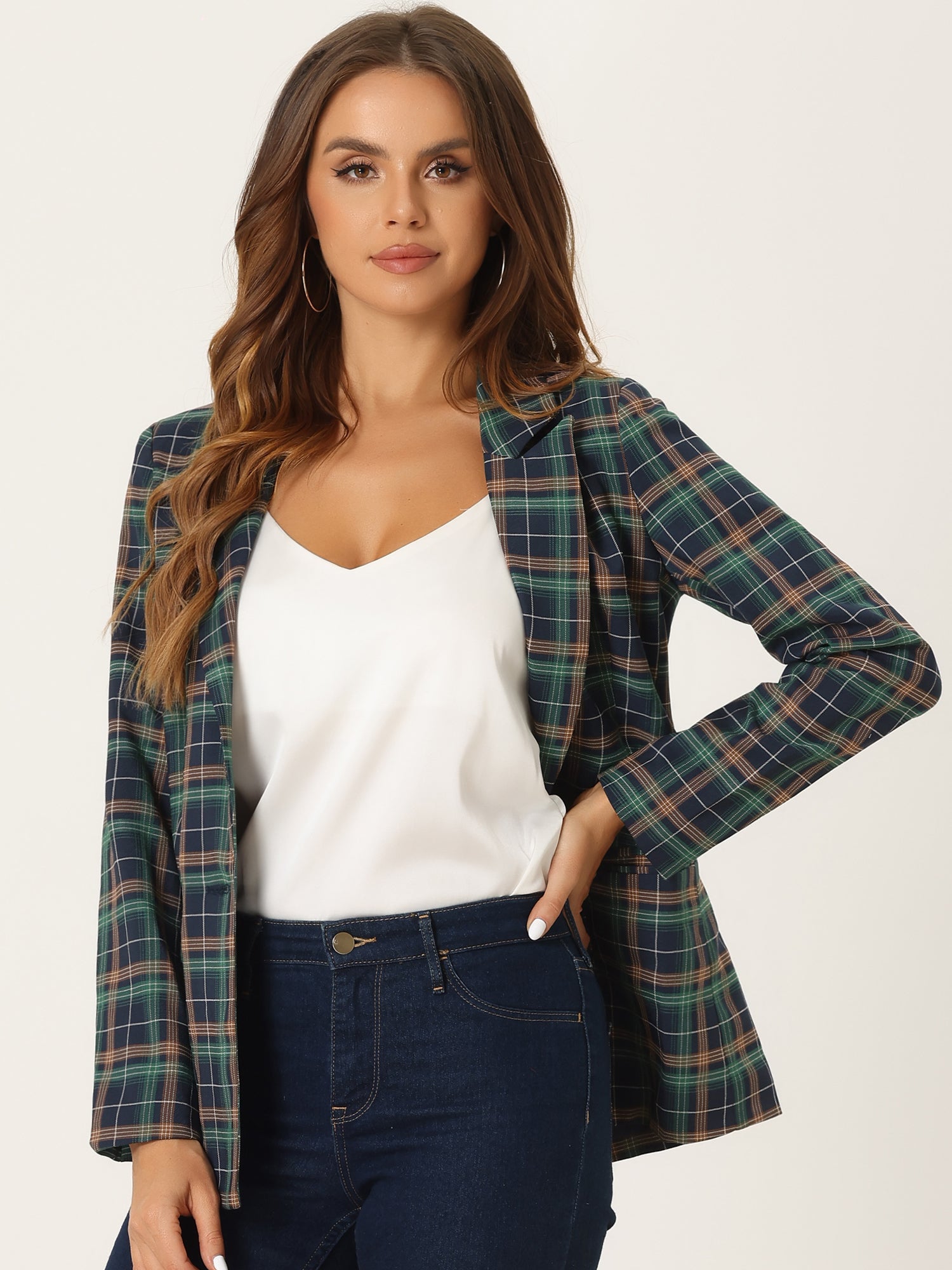 Plaid Notched Lapel One Button Houndstooth Blazer Jacket