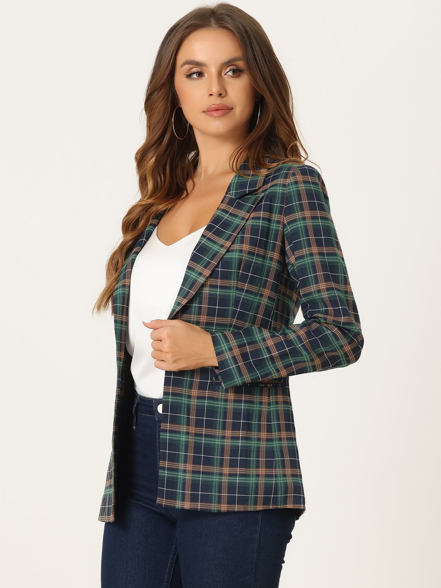 Plaid Notched Lapel One Button Houndstooth Blazer Jacket