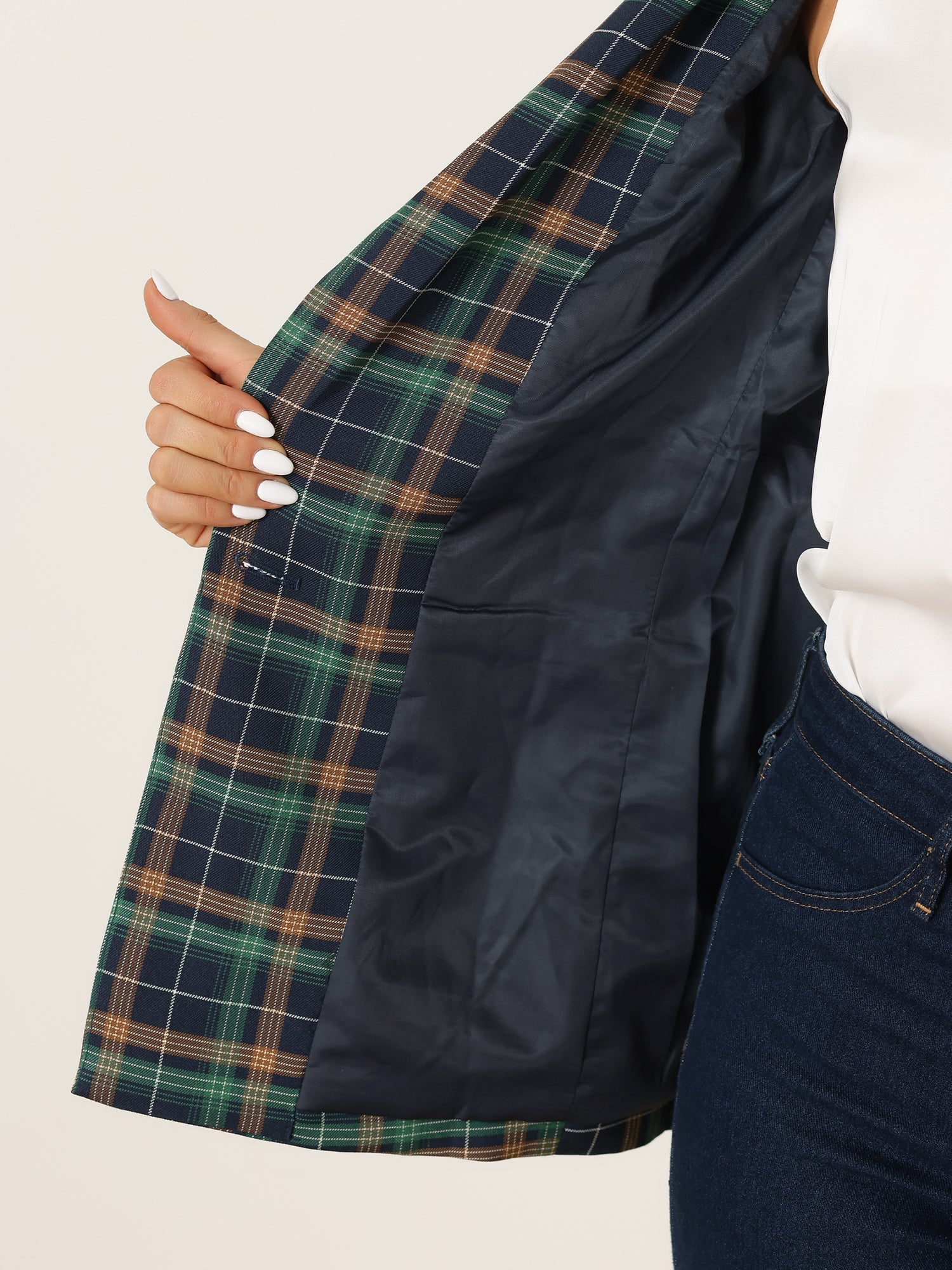 Plaid Notched Lapel One Button Houndstooth Blazer Jacket