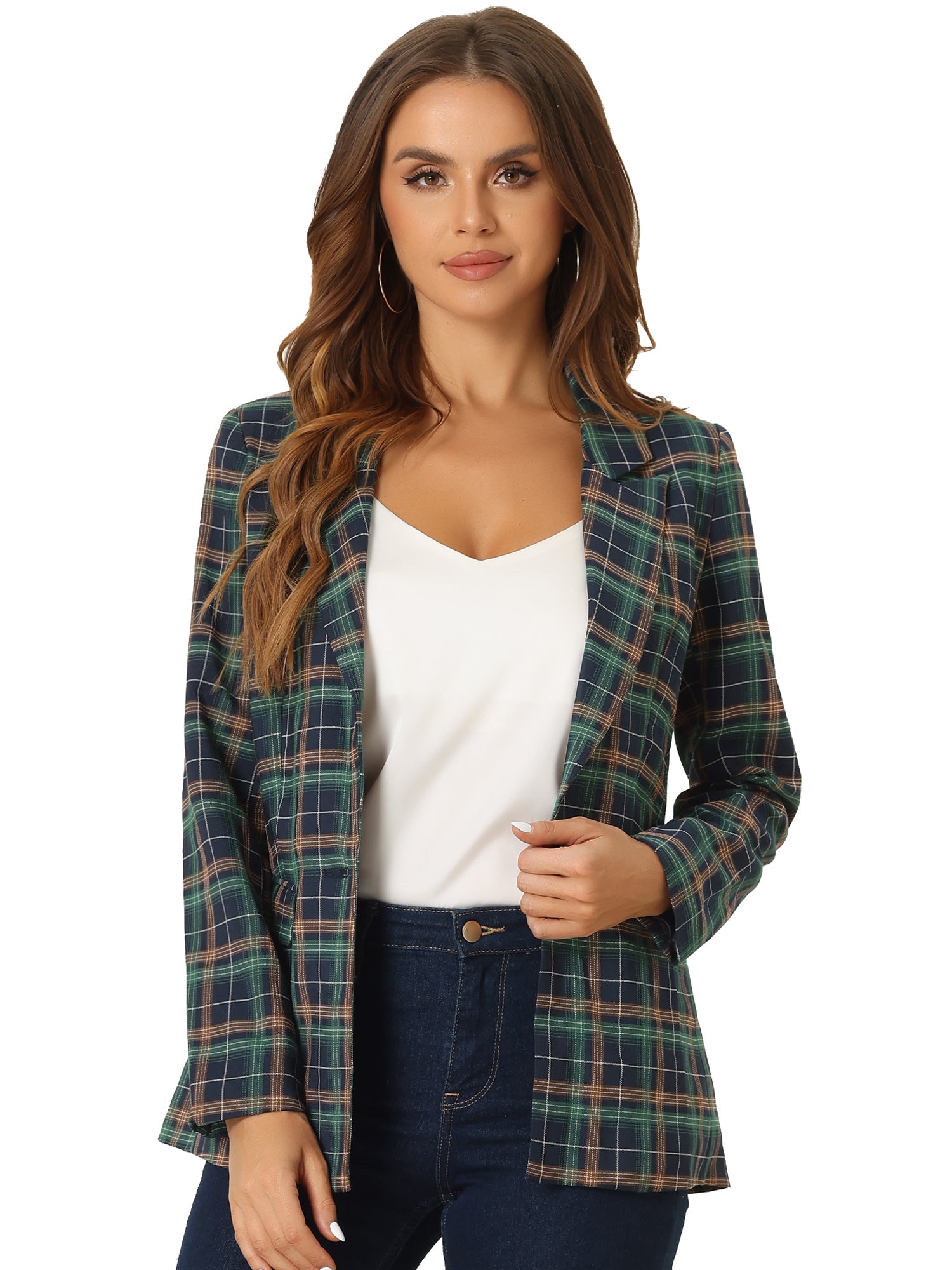 Plaid Notched Lapel One Button Houndstooth Blazer Jacket