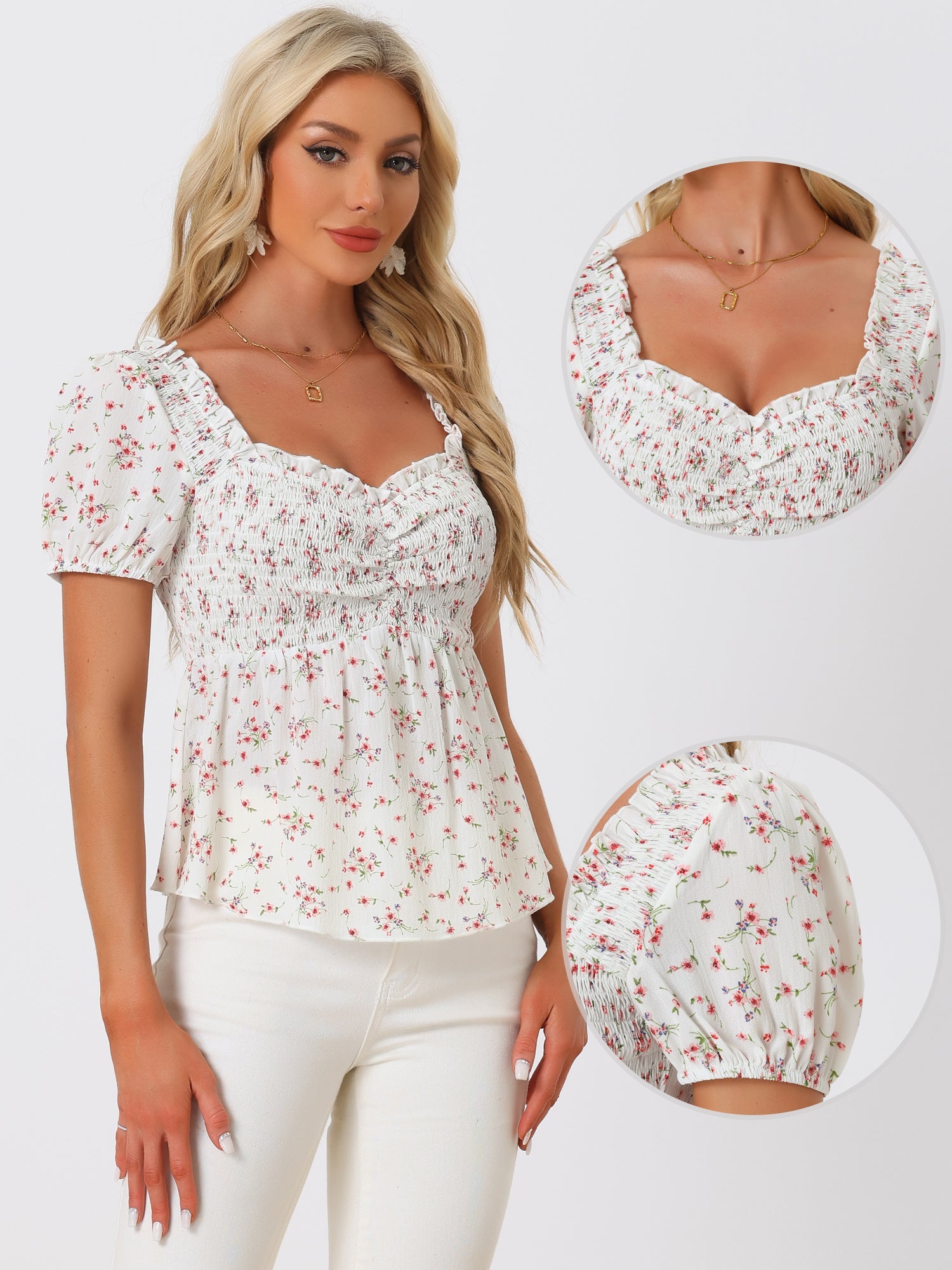 Puff Short Sleeve Floral Shirred Ruffle Peplum Blouse