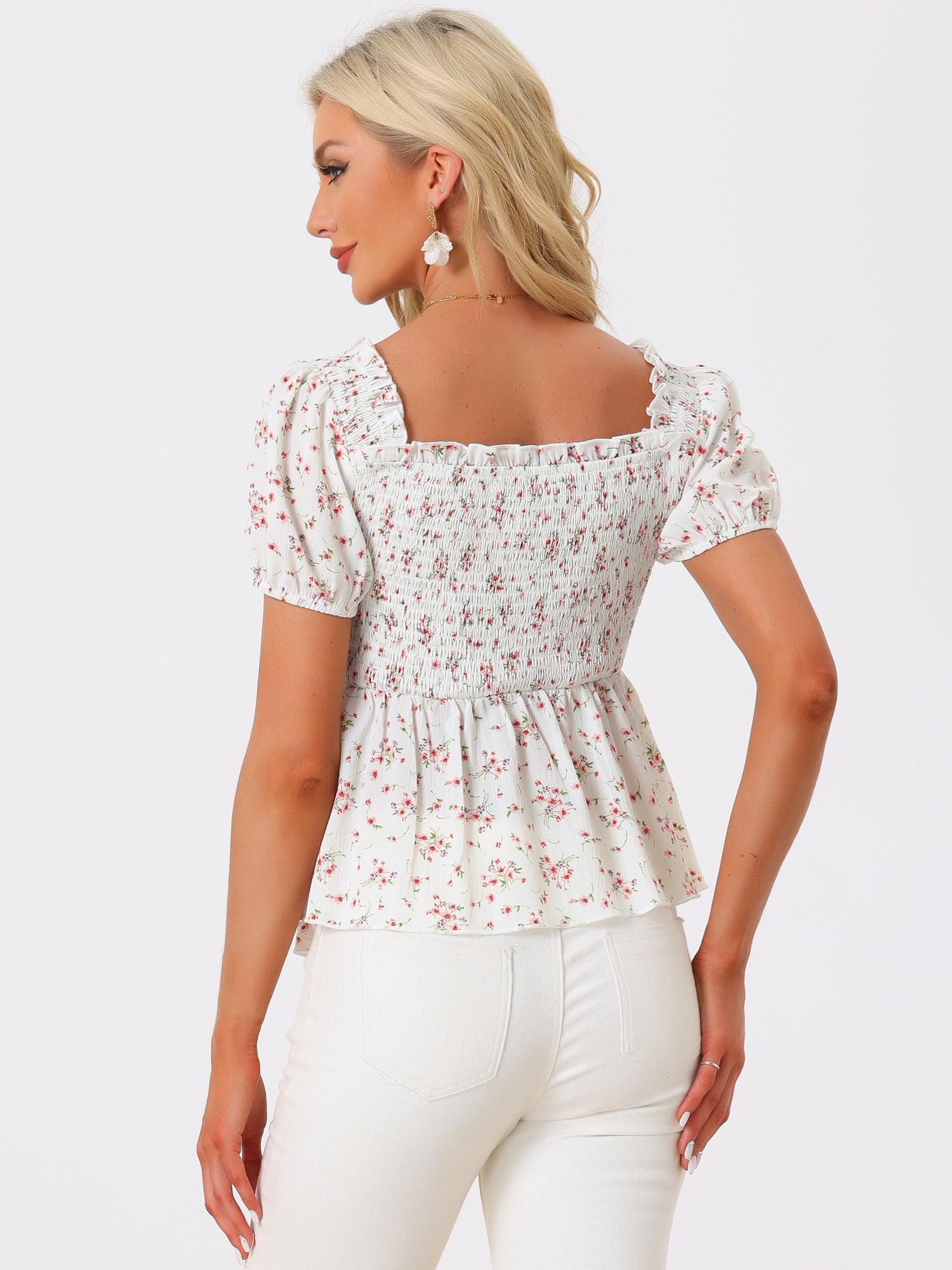 Puff Short Sleeve Floral Shirred Ruffle Peplum Blouse
