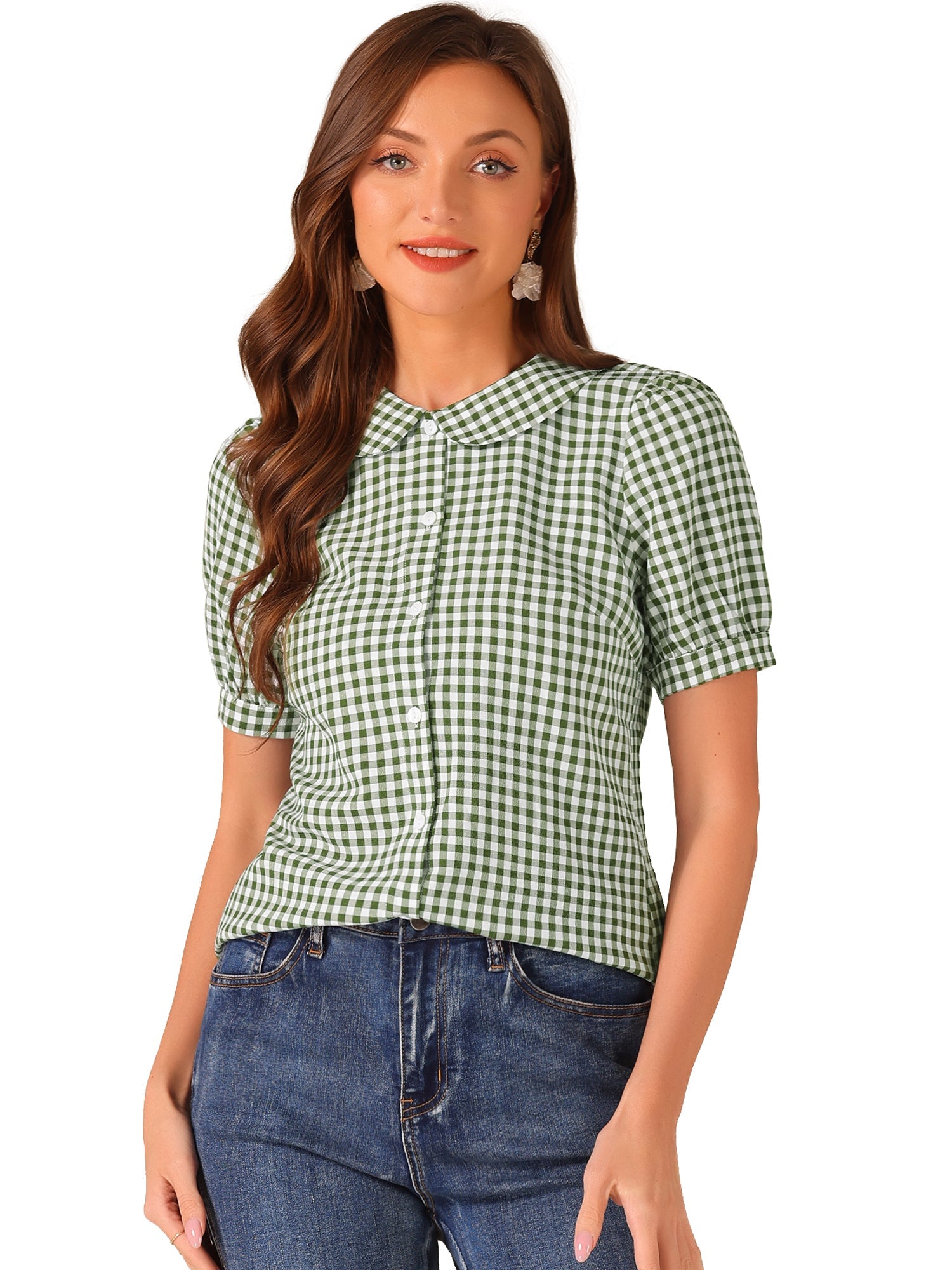 Plaid Puff Short Sleeve Gingham Peter Pan Collar Button Down Shirt