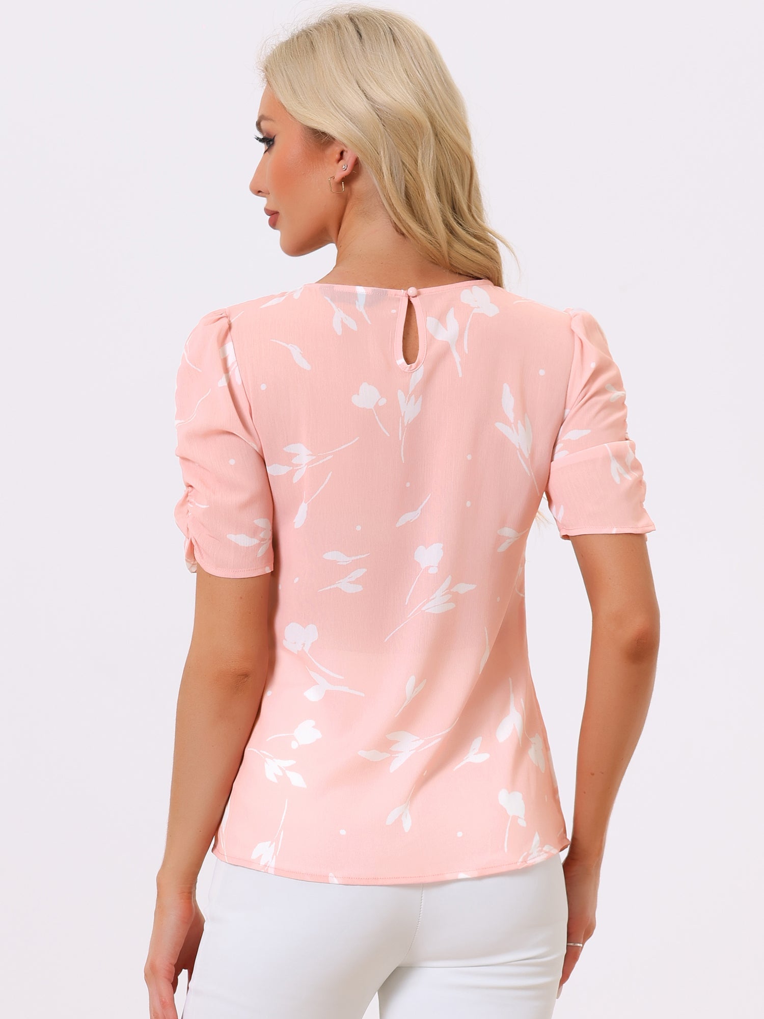 Floral Crew Neck Ruched Sleeve Casual Blouse