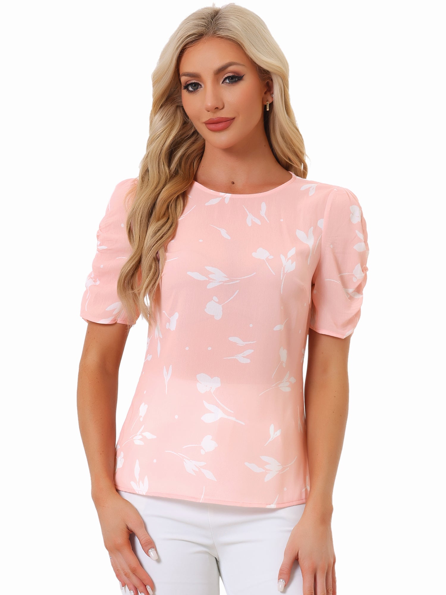 Floral Crew Neck Ruched Sleeve Casual Blouse