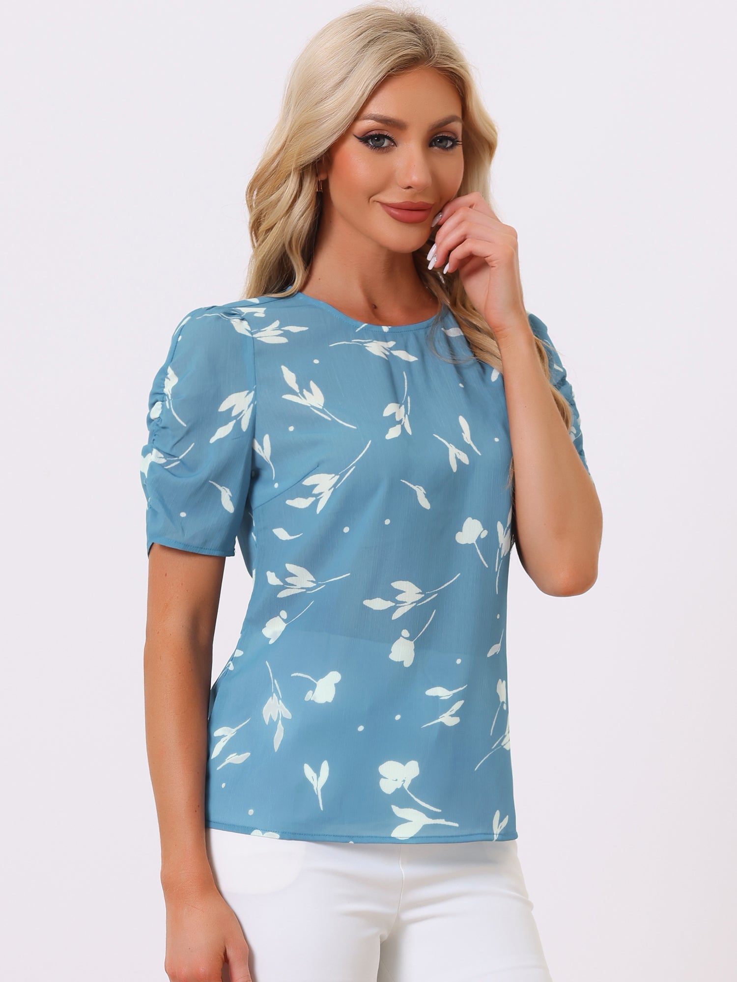 Floral Crew Neck Ruched Sleeve Casual Blouse