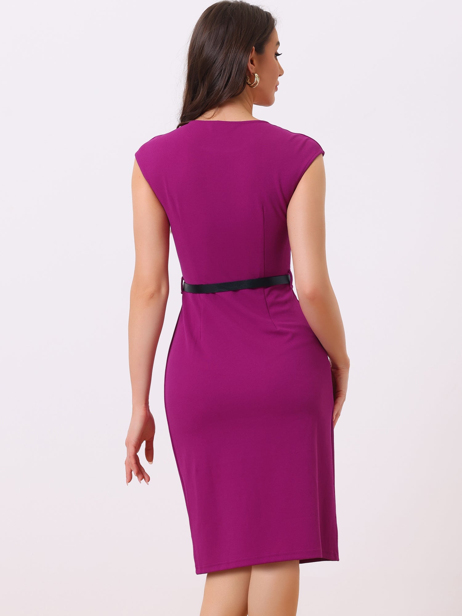 Elegant Business Cap Sleeve Belted Pencil Work Sheath Dress