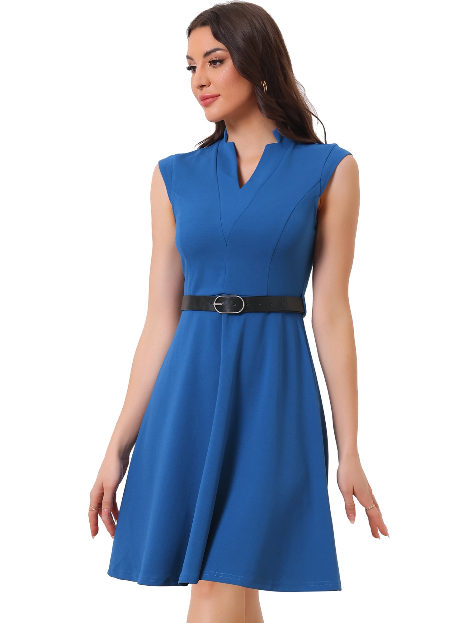 Office V Neck Work Sleeveless A-line Midi Solid Belted Dress