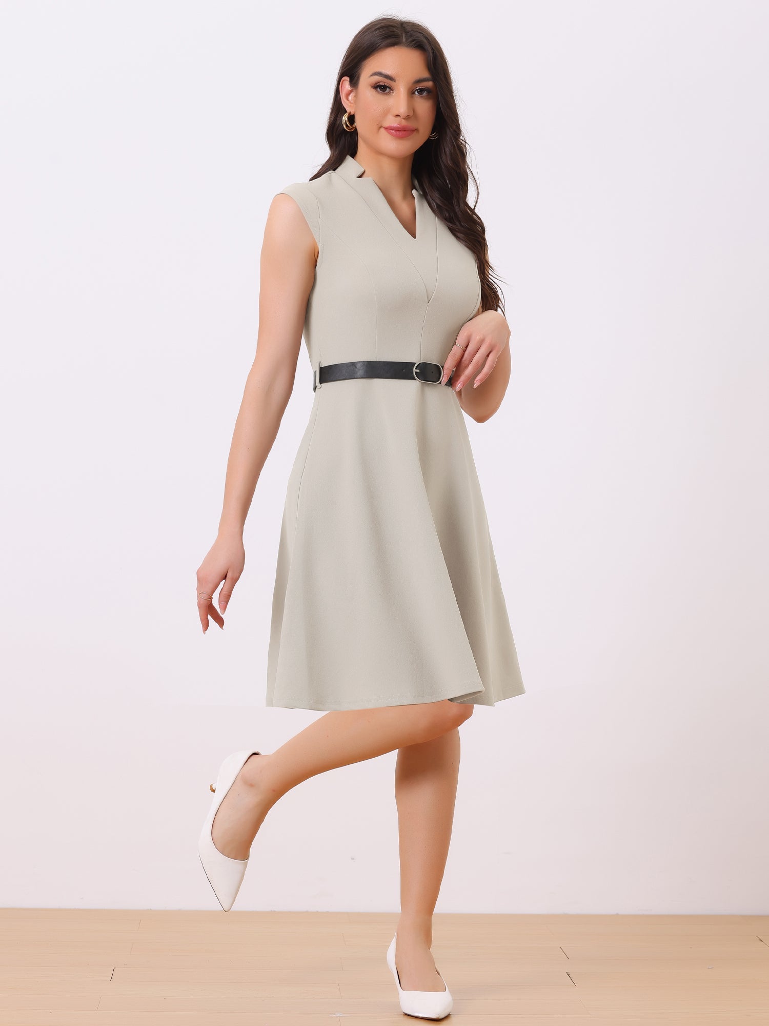 Office V Neck Work Sleeveless A-line Midi Solid Belted Dress