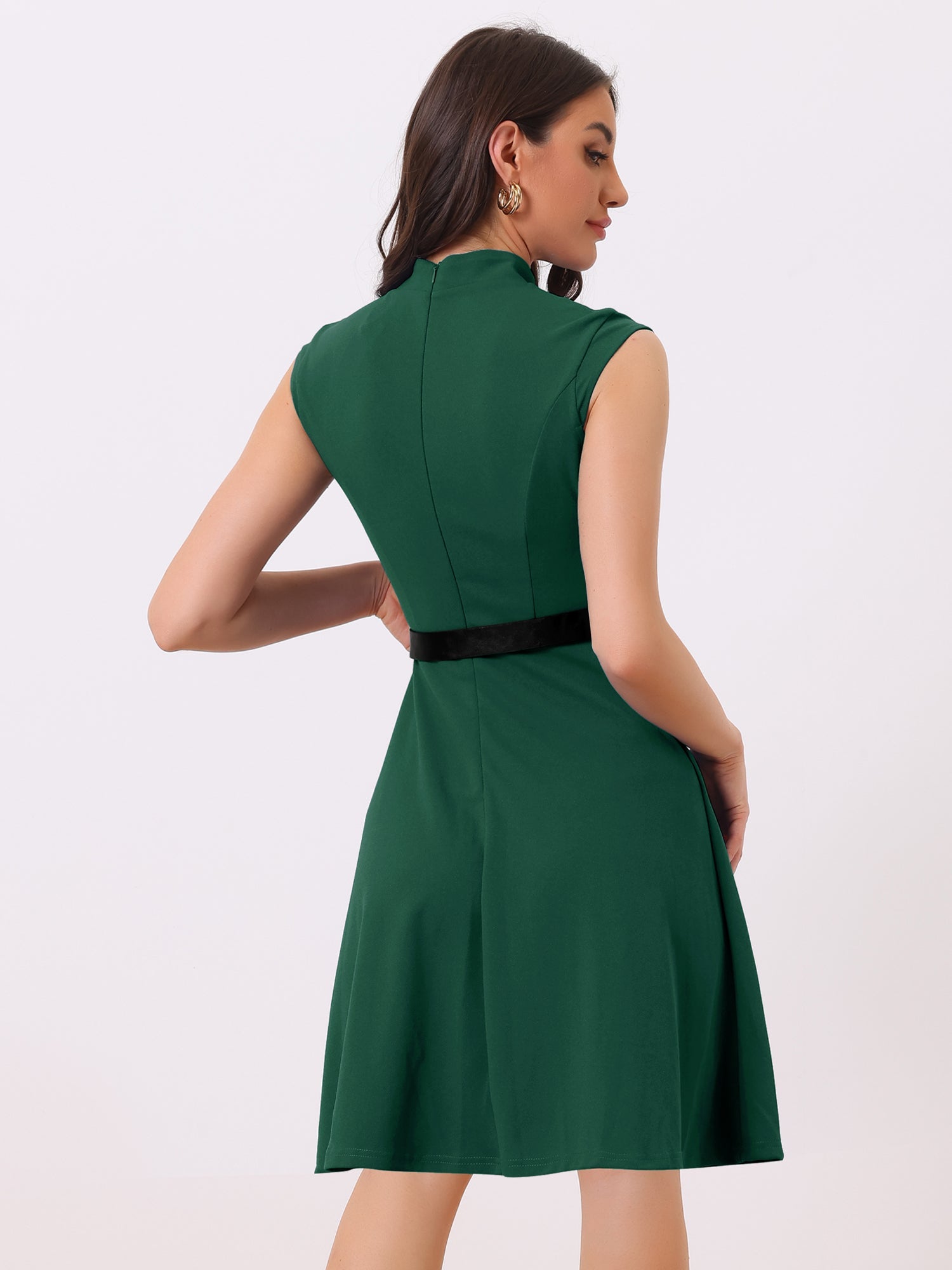 Office V Neck Work Sleeveless A-line Midi Solid Belted Dress