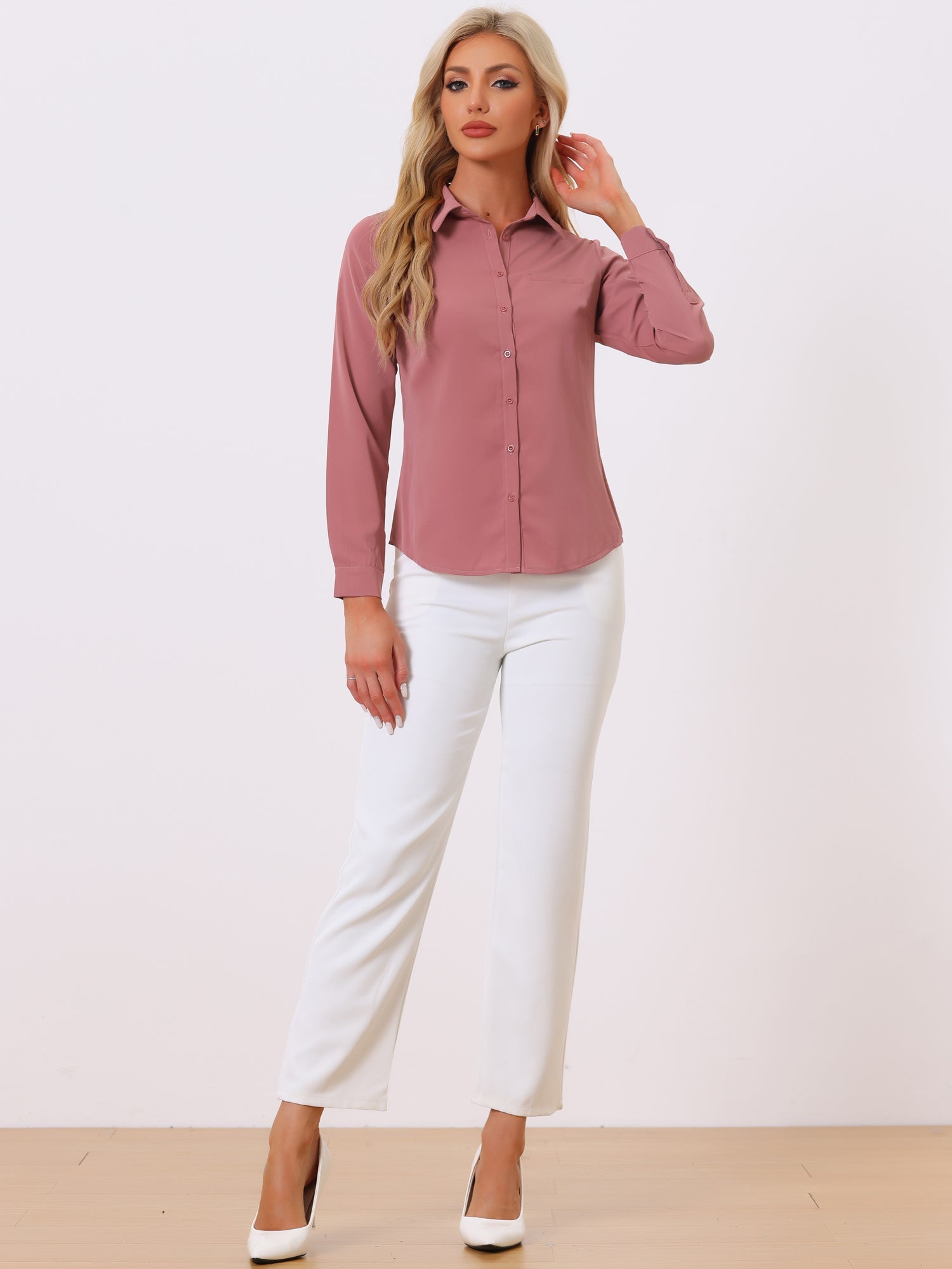 Contrast Collar Shirt Chiffon Long Sleeve Work Office Blouse