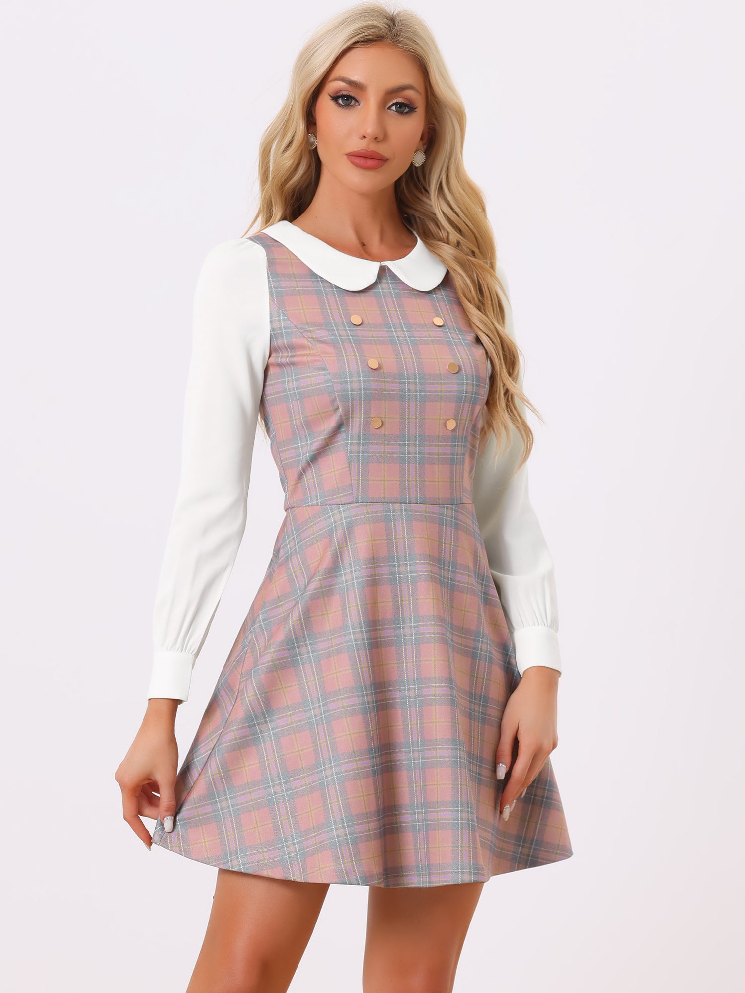 Peter Pan Collar Contrast Color Button Decor Plaid Dress