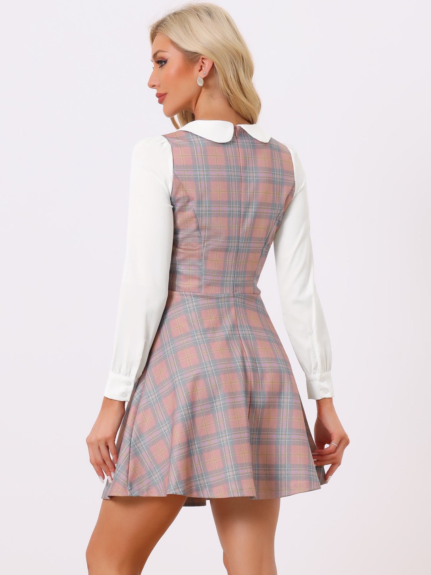 Peter Pan Collar Contrast Color Button Decor Plaid Dress