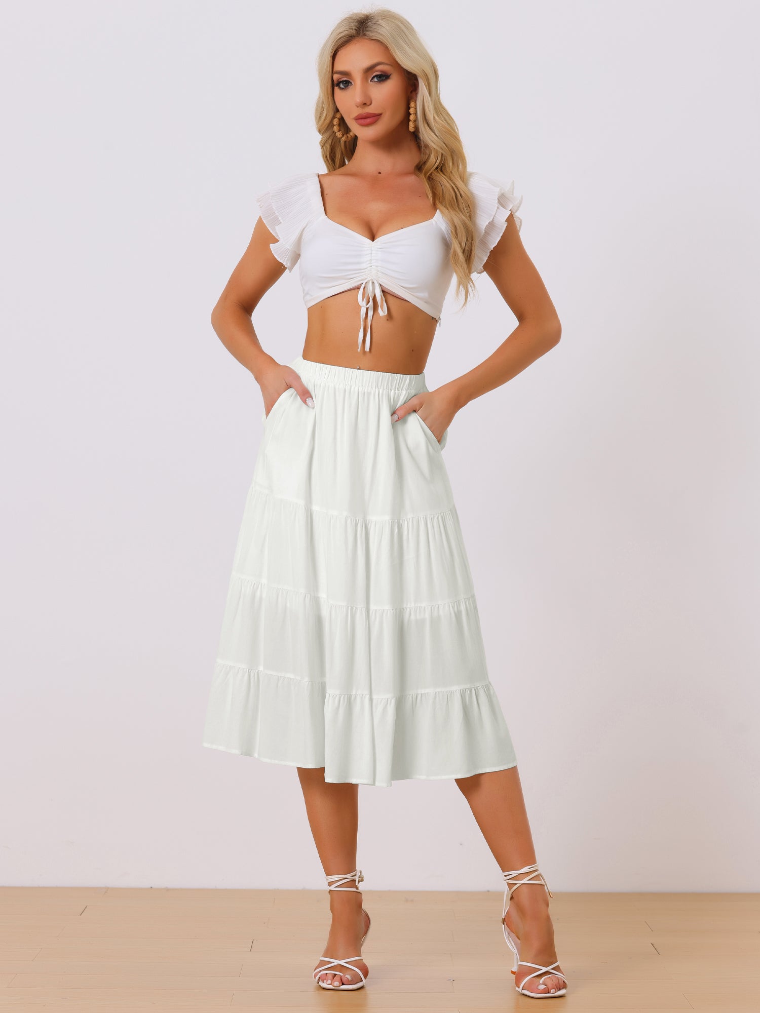 Midi Solid Elastic Waist Flare Tiered Long Pockets A-Line Skirt