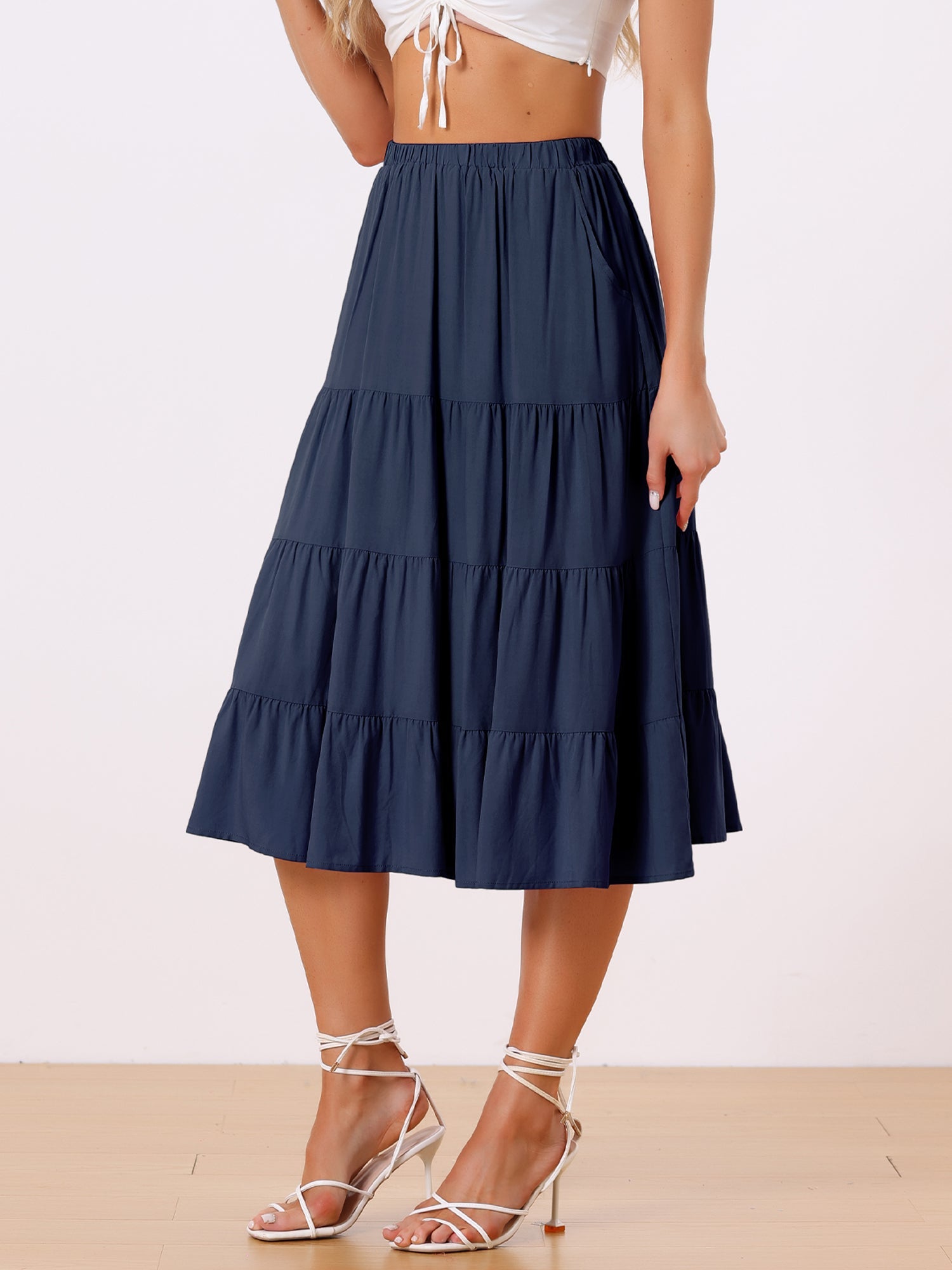 Midi Solid Elastic Waist Flare Tiered Long Pockets A-Line Skirt