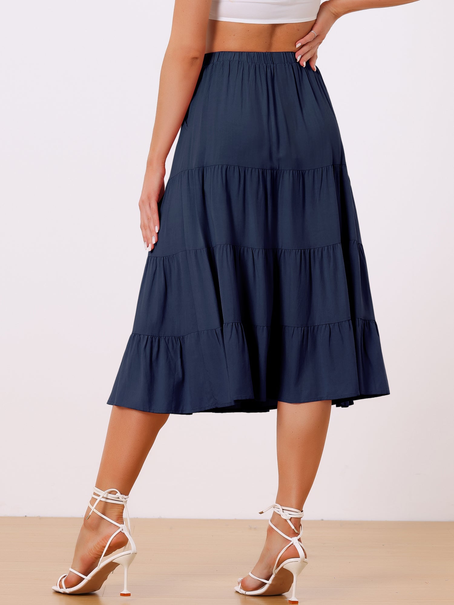 Midi Solid Elastic Waist Flare Tiered Long Pockets A-Line Skirt