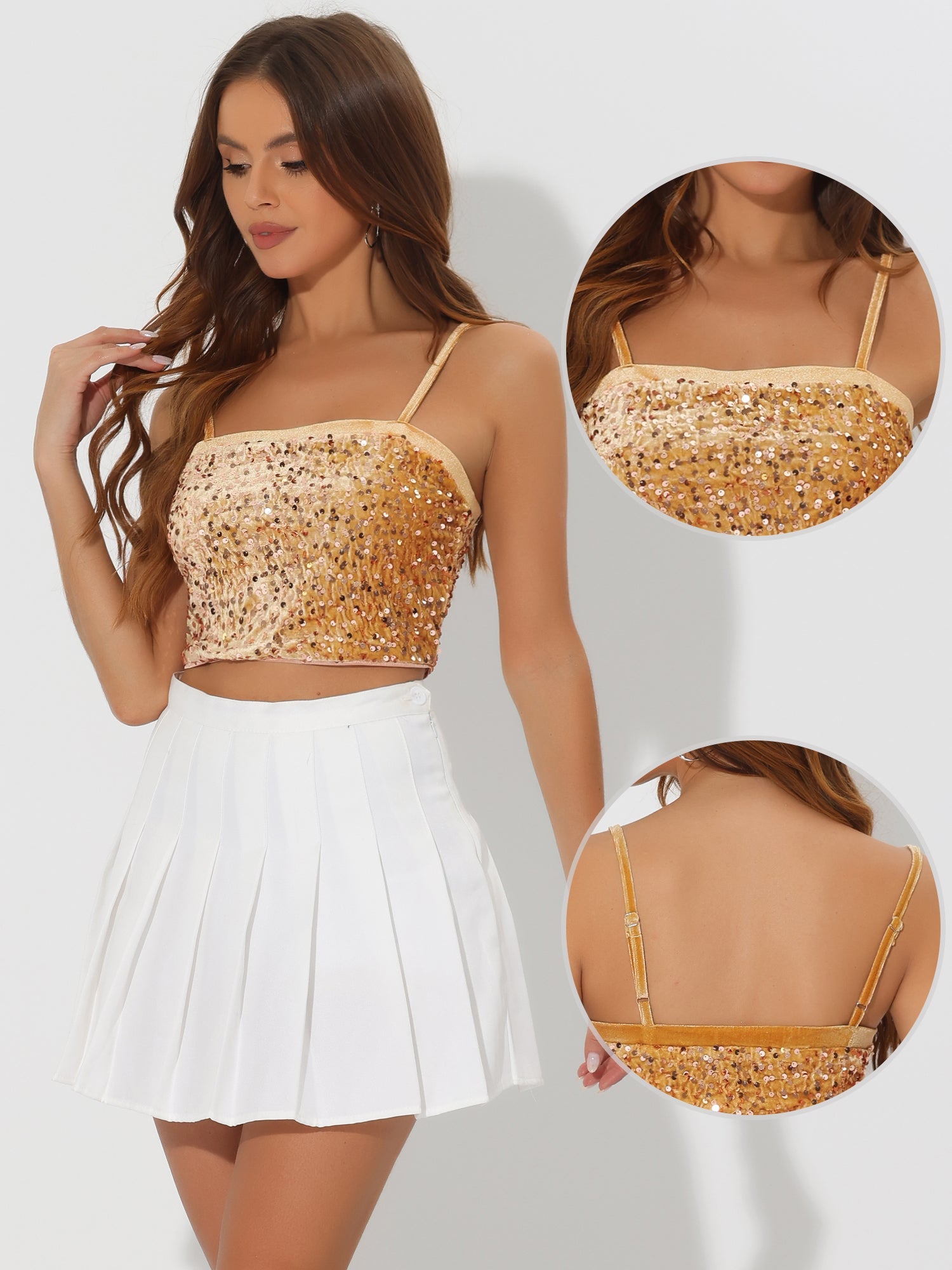 Sequined Velvet Spaghetti Strap Club Party Cropped Cami Top