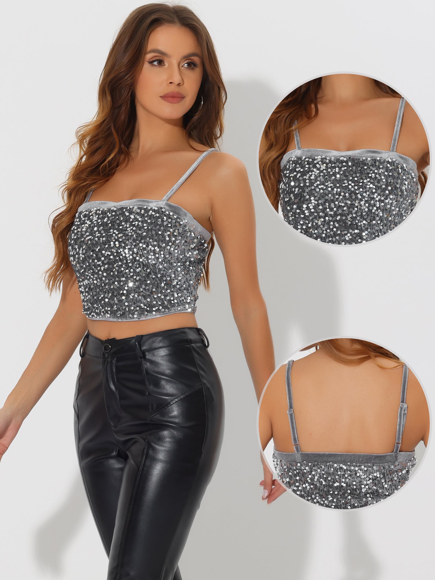 Sequined Velvet Spaghetti Strap Club Party Cropped Cami Top