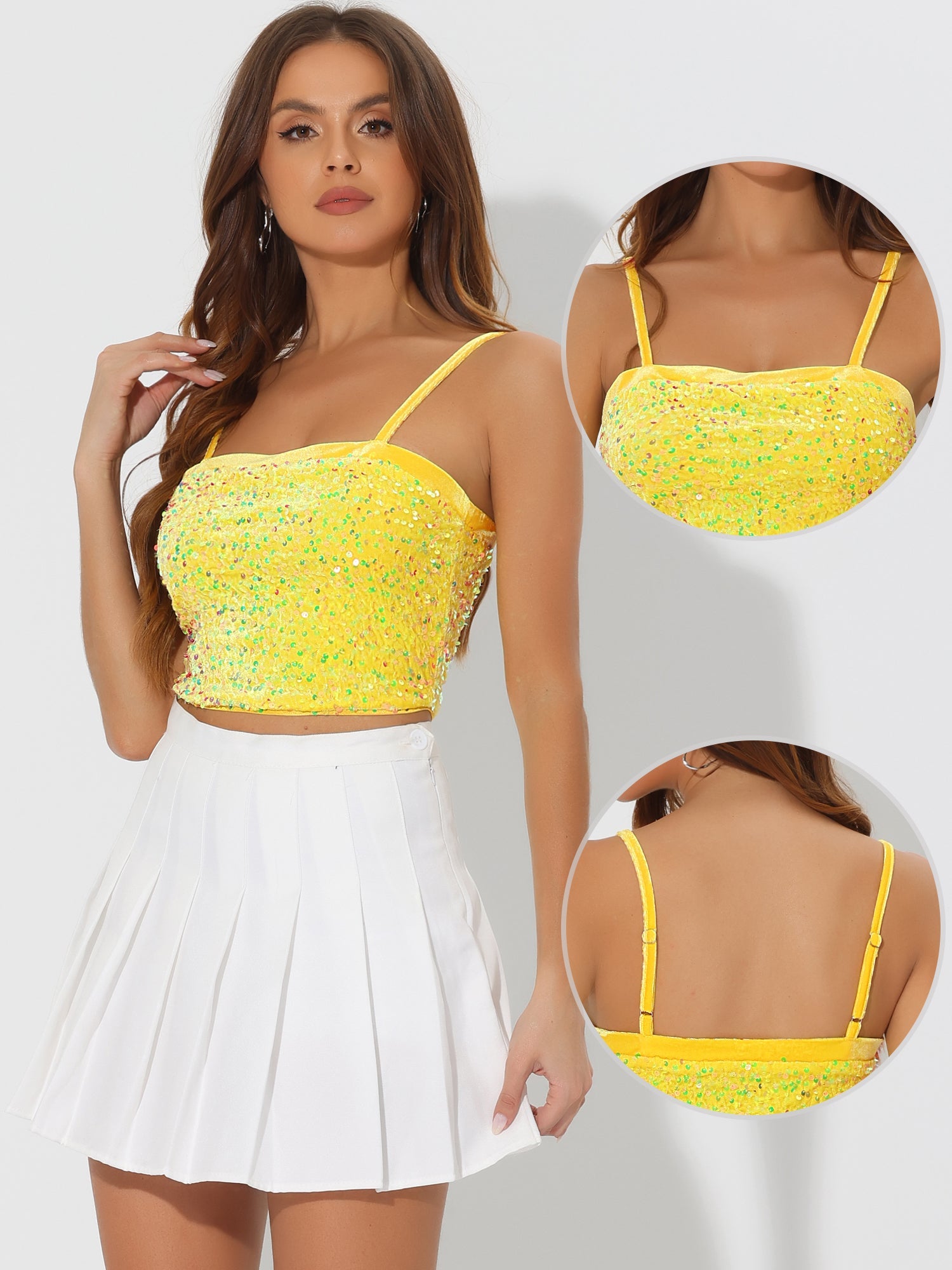 Sequined Velvet Spaghetti Strap Club Party Cropped Cami Top