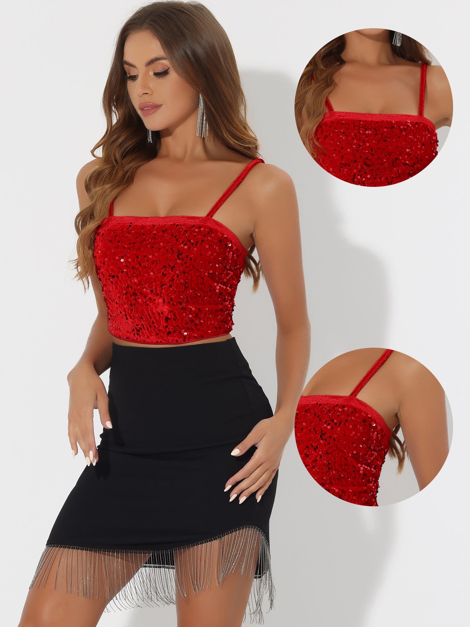 Sequined Velvet Spaghetti Strap Club Party Cropped Cami Top