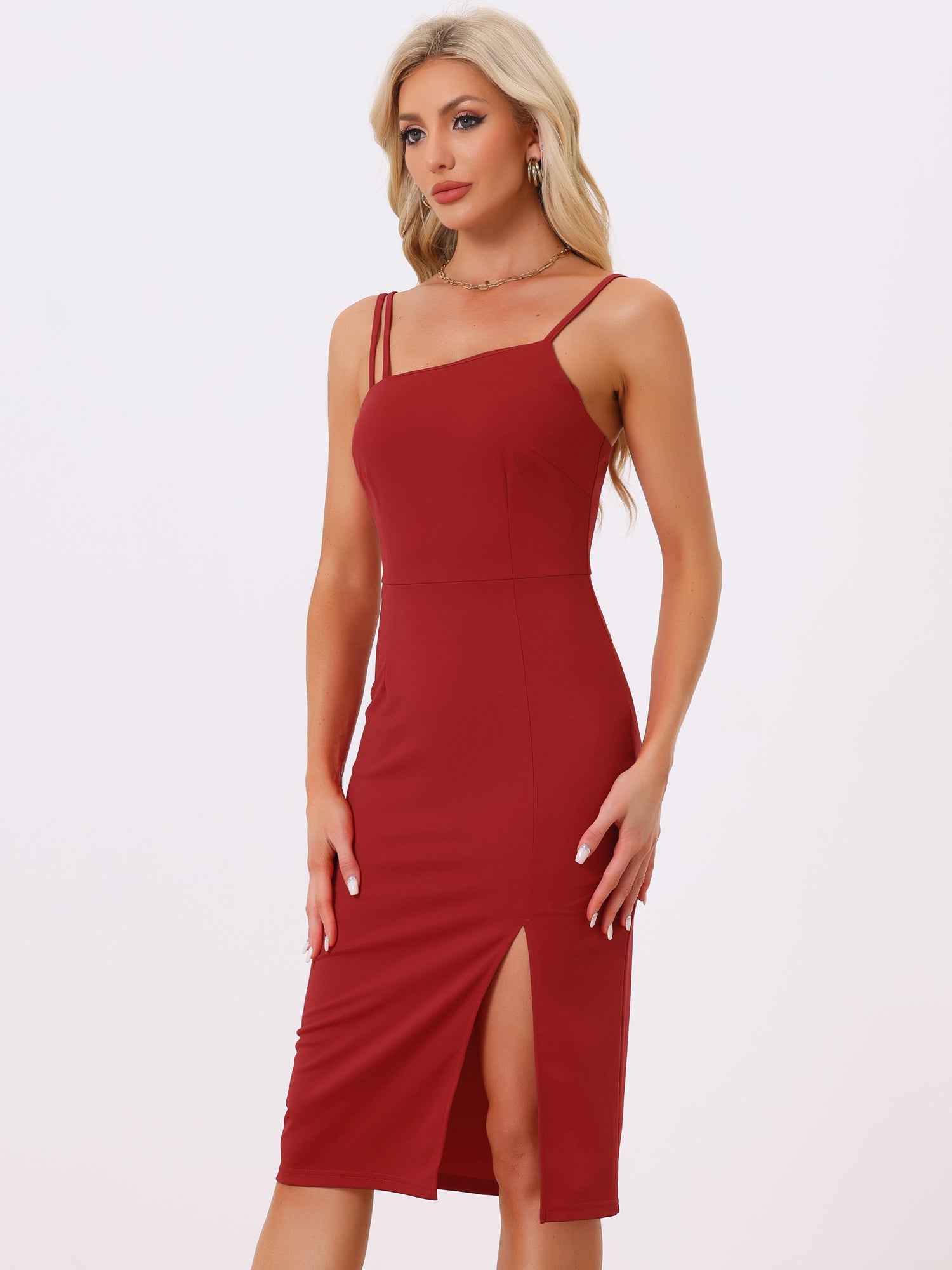 Spaghetti Strap Split Hem Cocktail Solid Sheath Dress