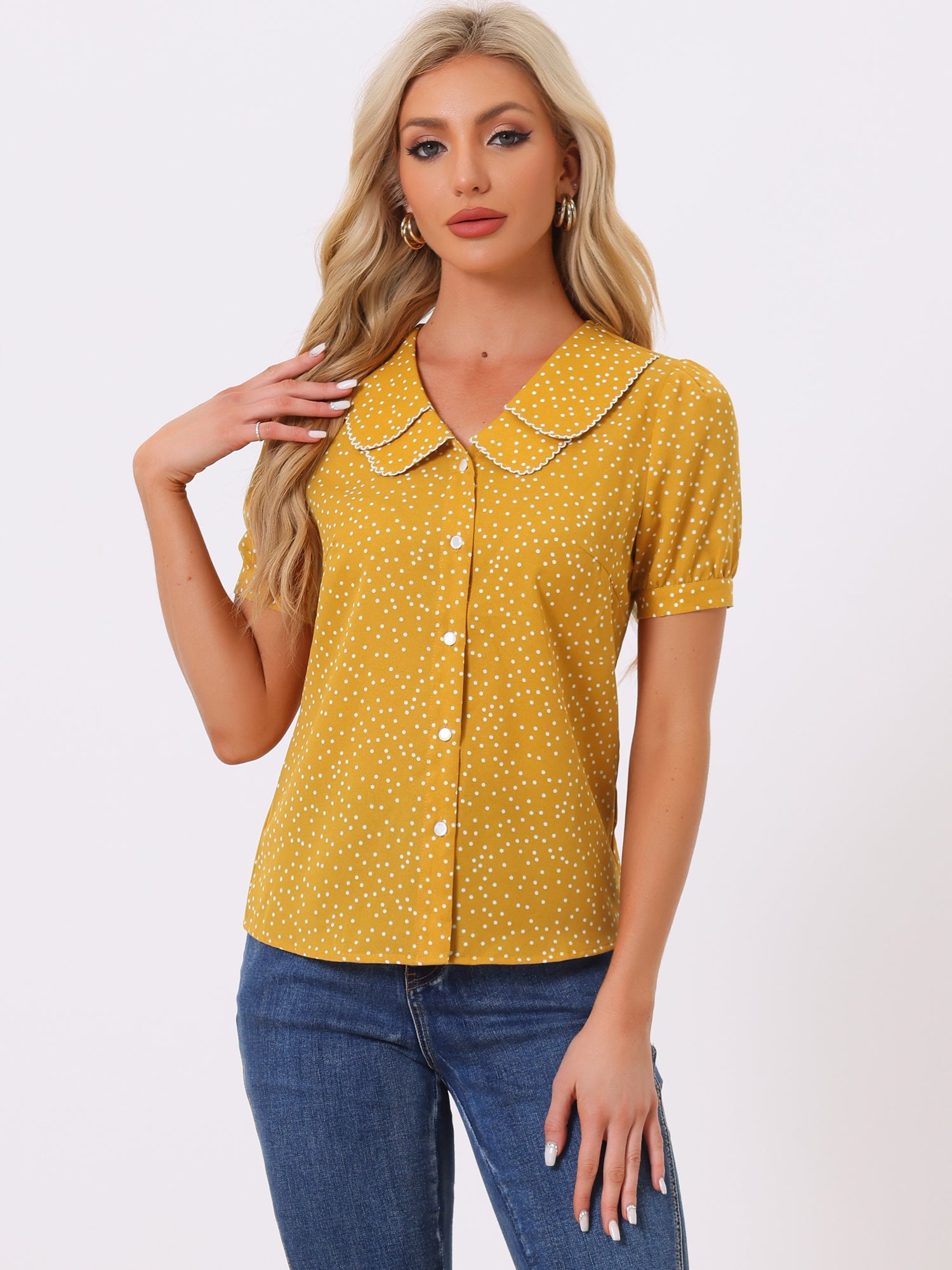 Polka Dot Peter Pan Collar Rockabilly Puff Short Sleeve Shirt