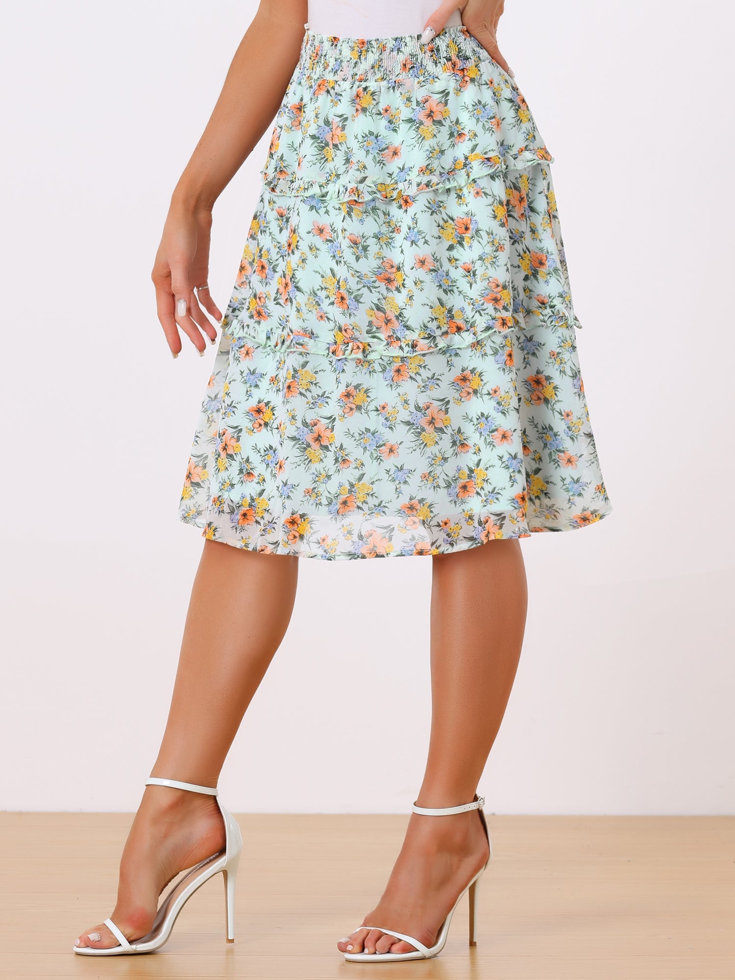Floral Smocked Elastic Waist Knee Length Ruffle Tiered Skirt