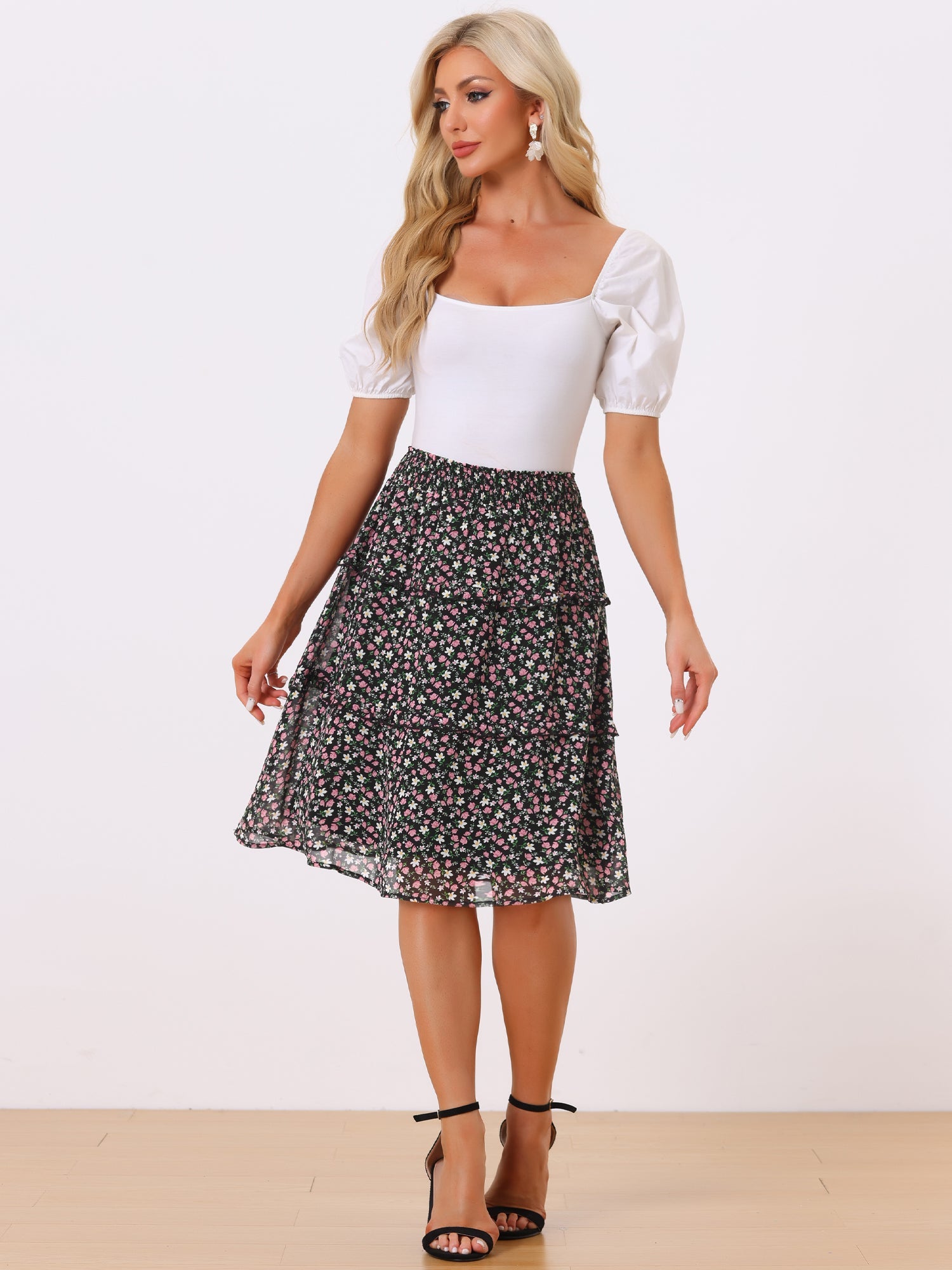 Floral Smocked Elastic Waist Knee Length Ruffle Tiered Skirt