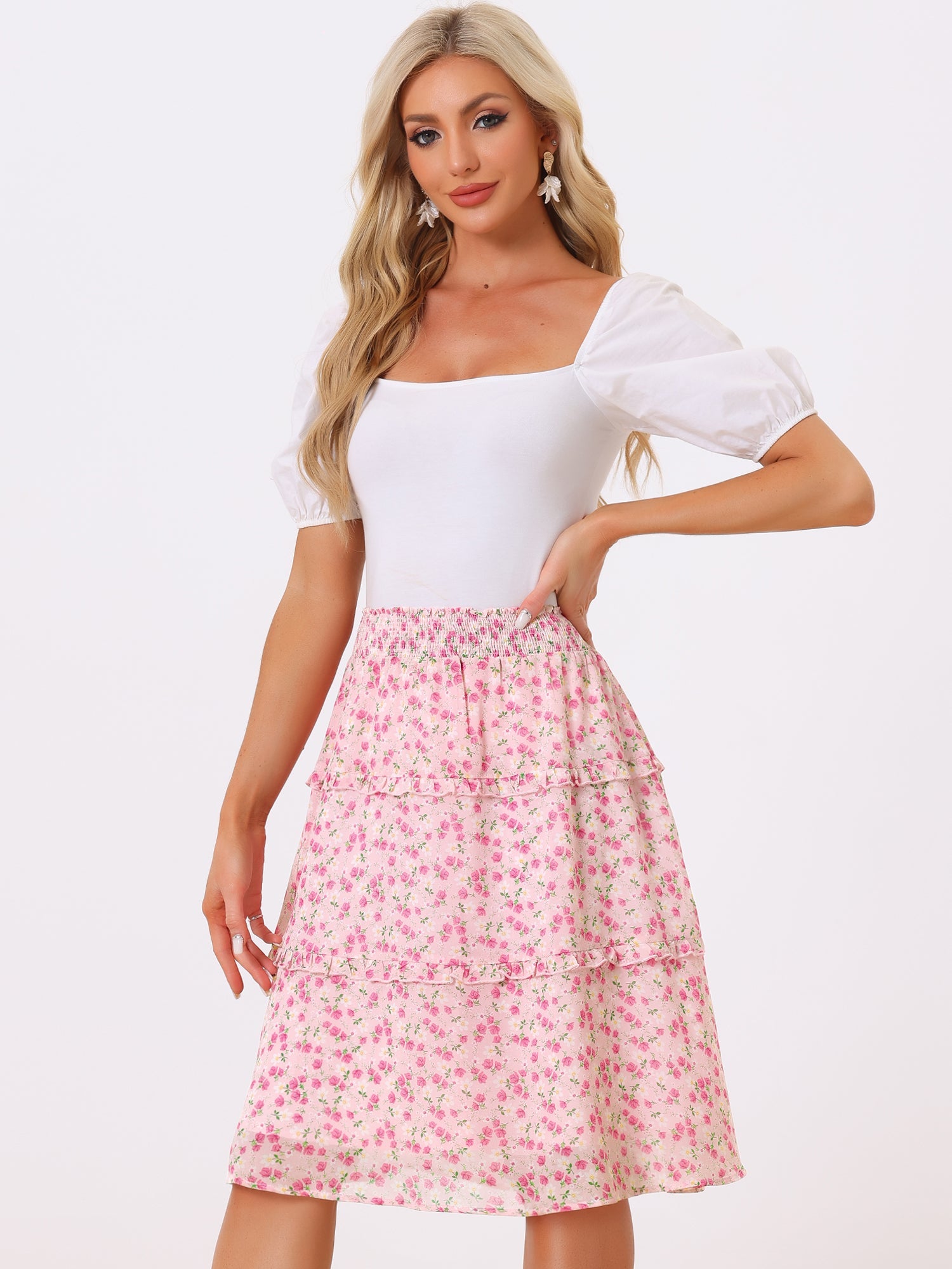 Floral Smocked Elastic Waist Knee Length Ruffle Tiered Skirt