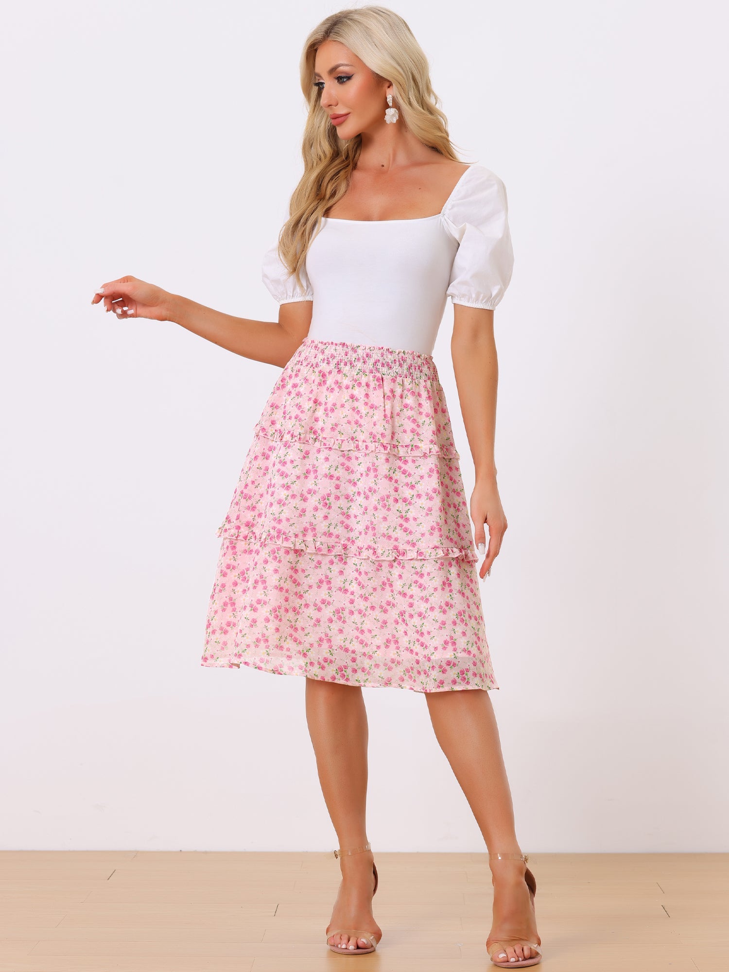 Floral Smocked Elastic Waist Knee Length Ruffle Tiered Skirt