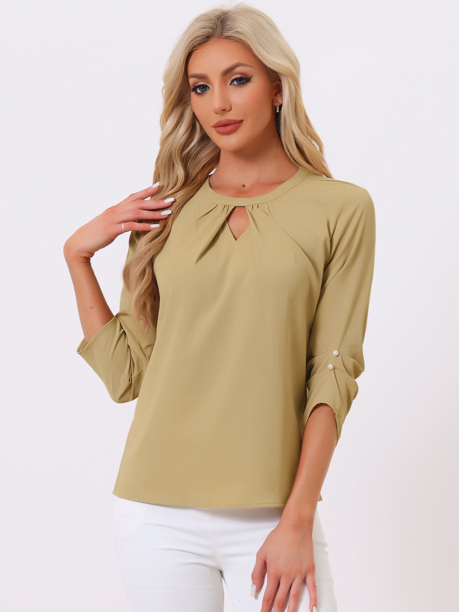 Office Keyhole Pleated Front Ruched 3/4 Sleeve Chiffon Blouse