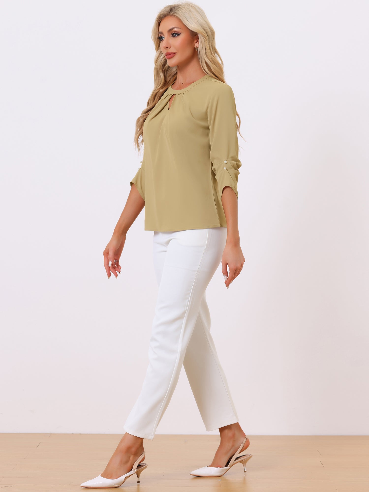 Office Keyhole Pleated Front Ruched 3/4 Sleeve Chiffon Blouse